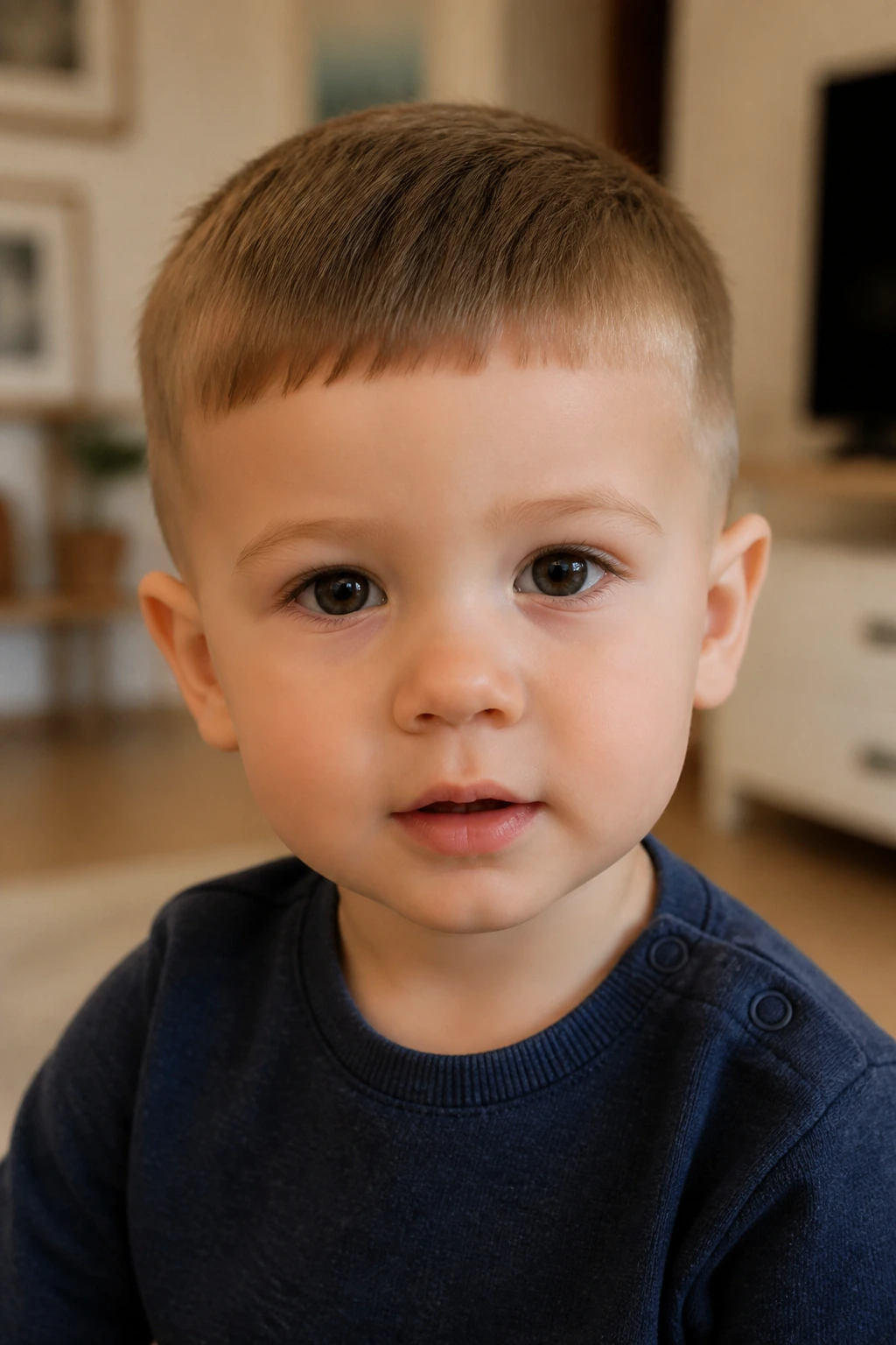 Toddler Caesar cut with short fringe under warm light