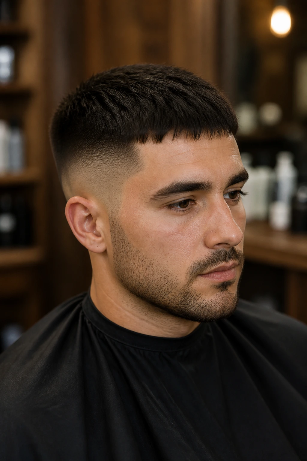 Close-up portrait of a man with Caesar cut and fade