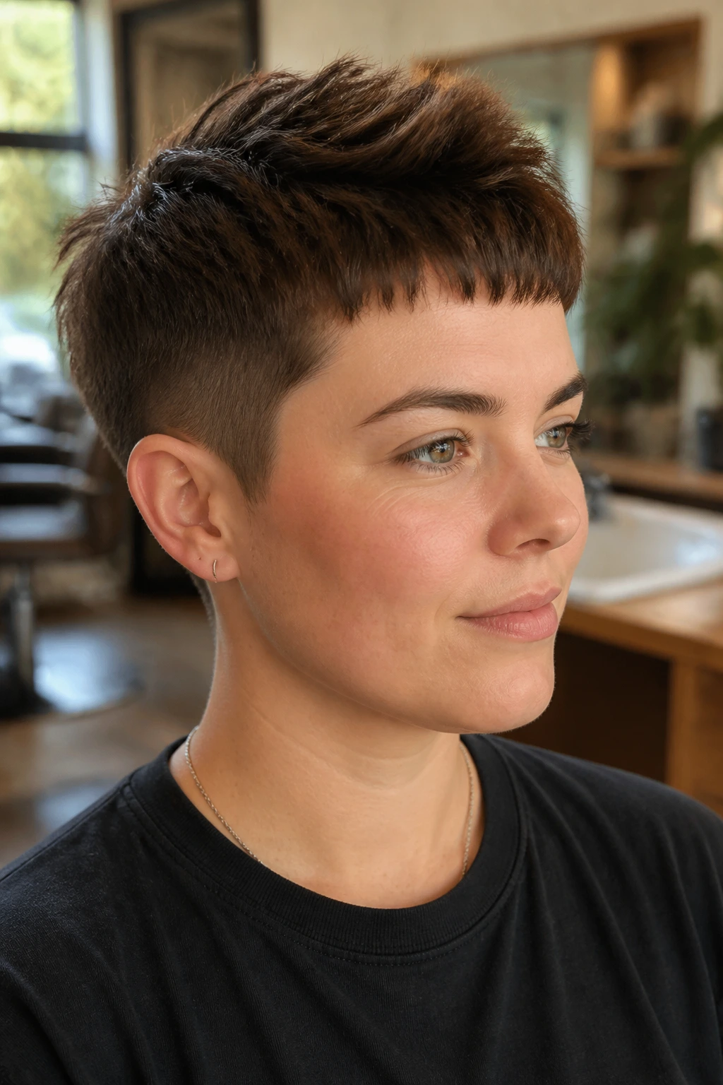 Close-up of a real person with a soft Caesar crop and lifted fringe on a round face.