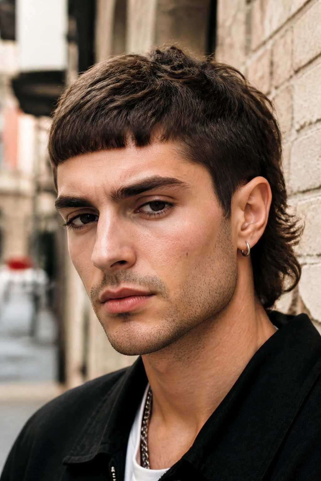Close-up portrait of a real person with a Caesar mullet featuring a blunt fringe and textured crown.