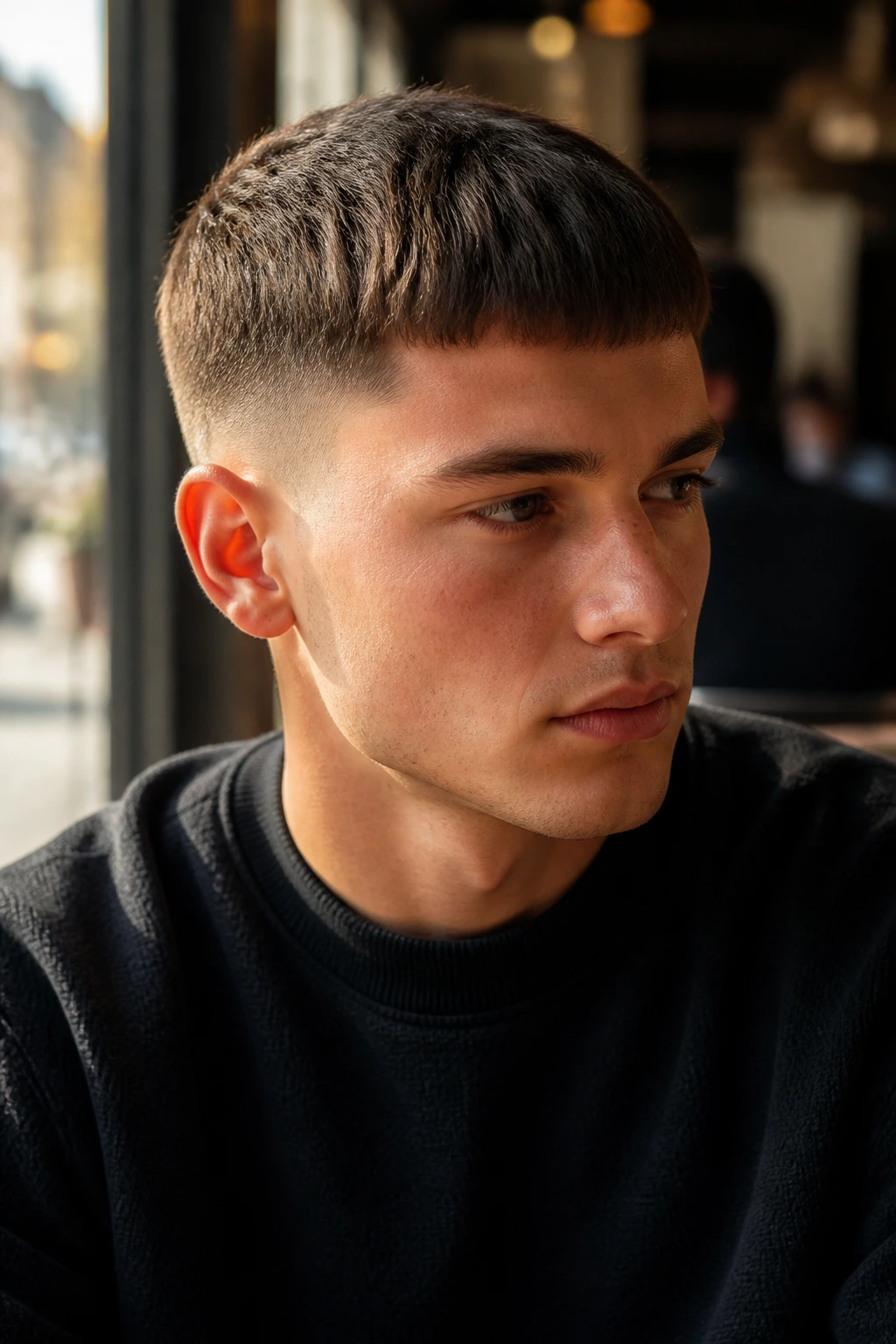 Real person close-up with blunt Caesar fringe and tapered sides.