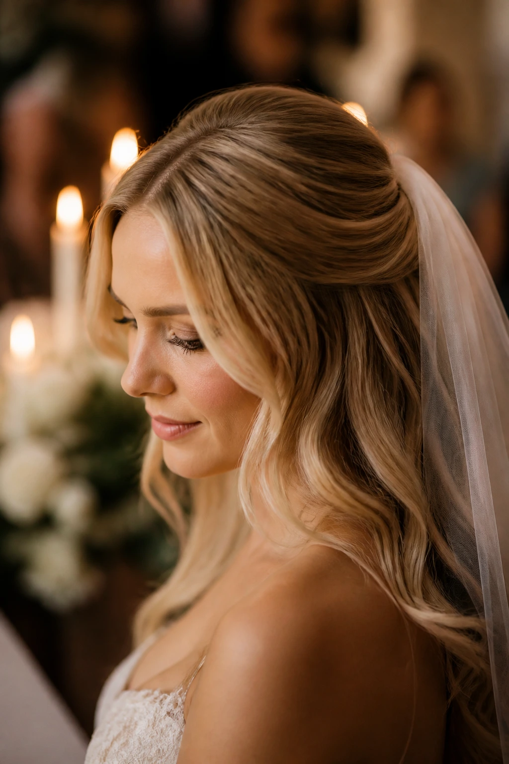 Bride's blonde hair appears dimensional under candlelight