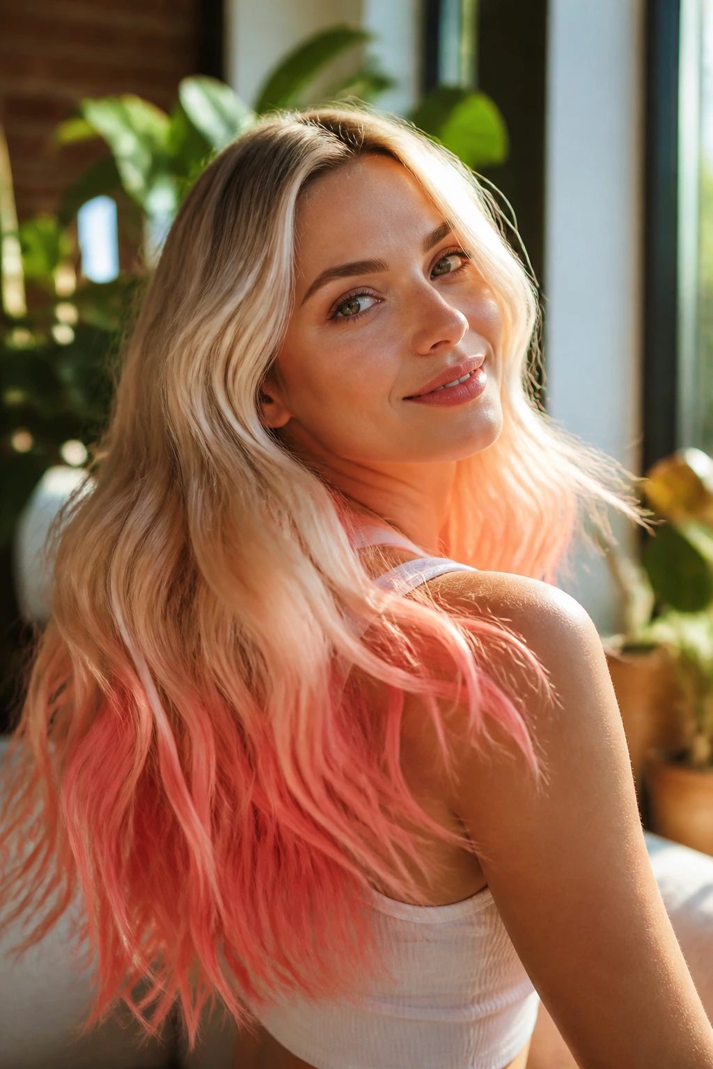 Close-up portrait of a real woman with candy coral ends on long hair under warm window light