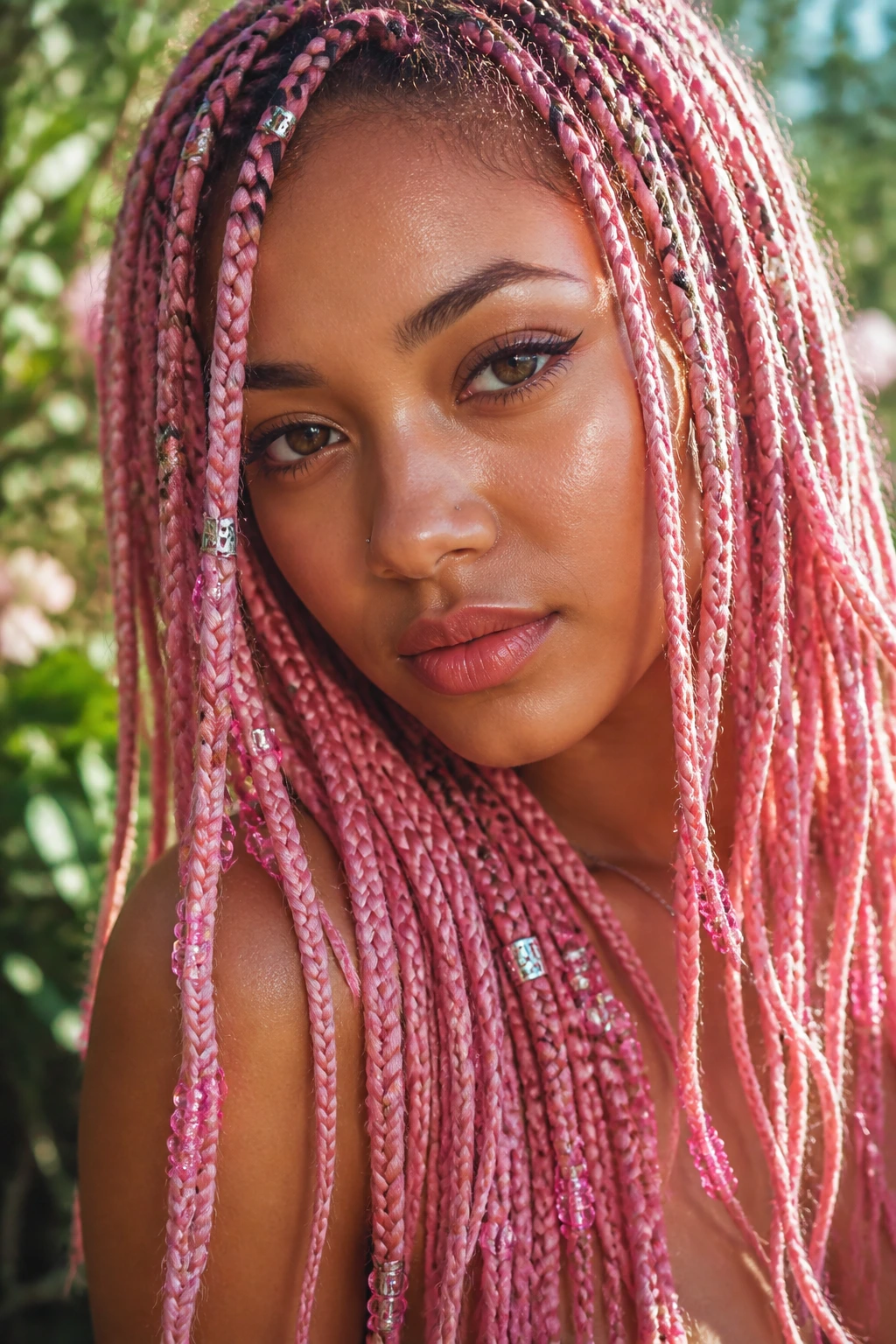 Portrait of a woman with candy floss pink braids