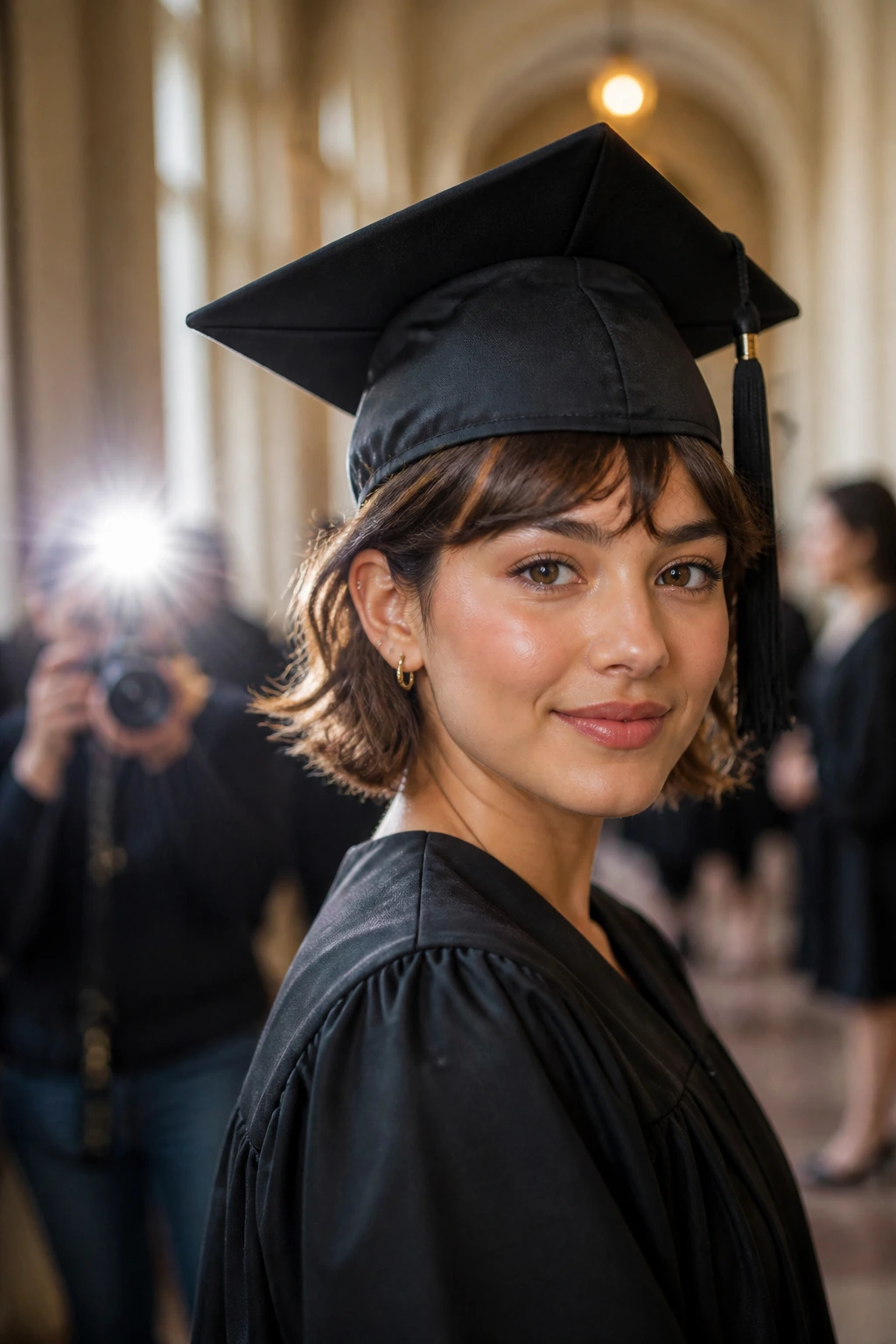 Close-up graduate wearing cap and gown with cap above brows and camera flash in the background