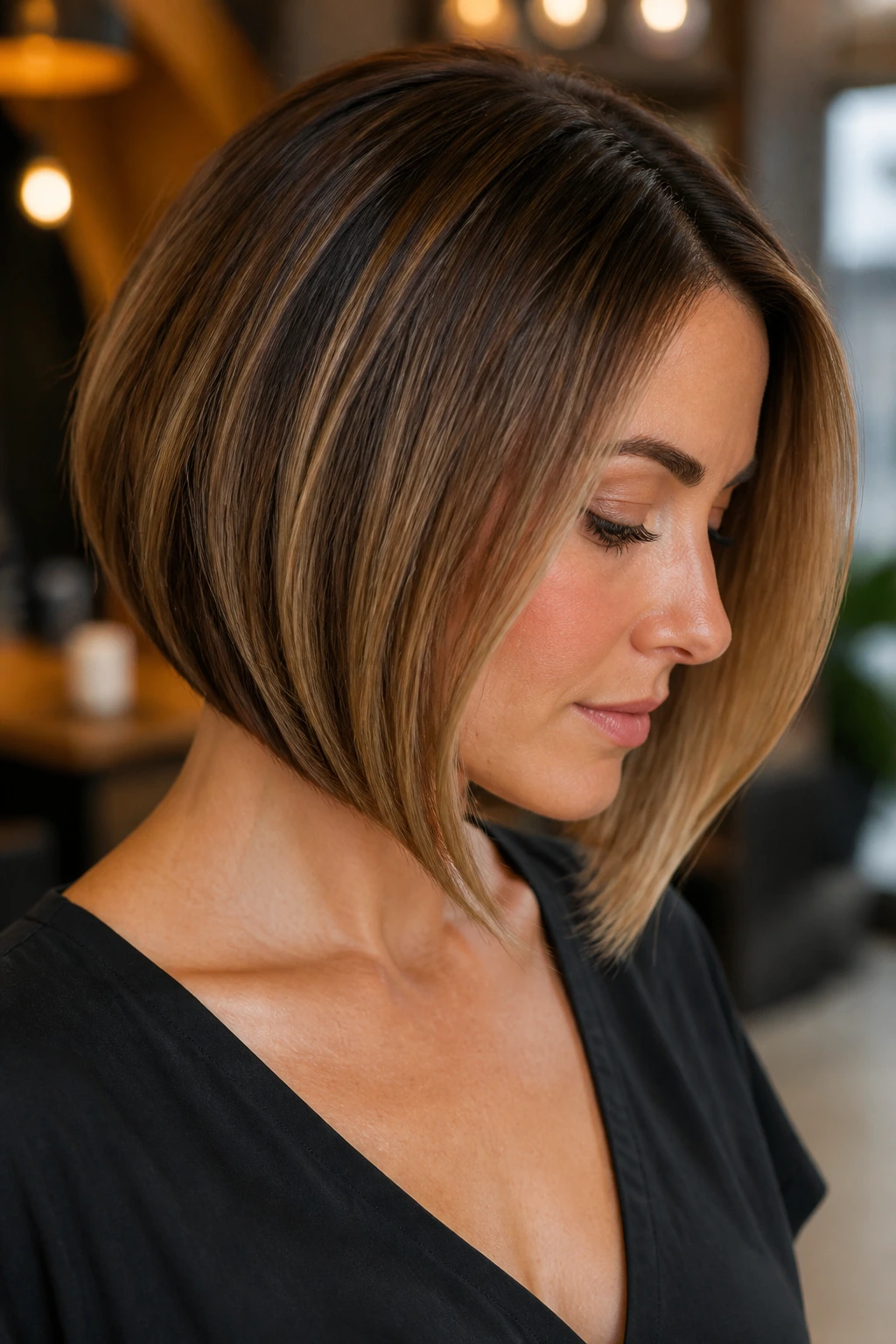 Real woman with caramel highlighted A-line bob in indoor setting.
