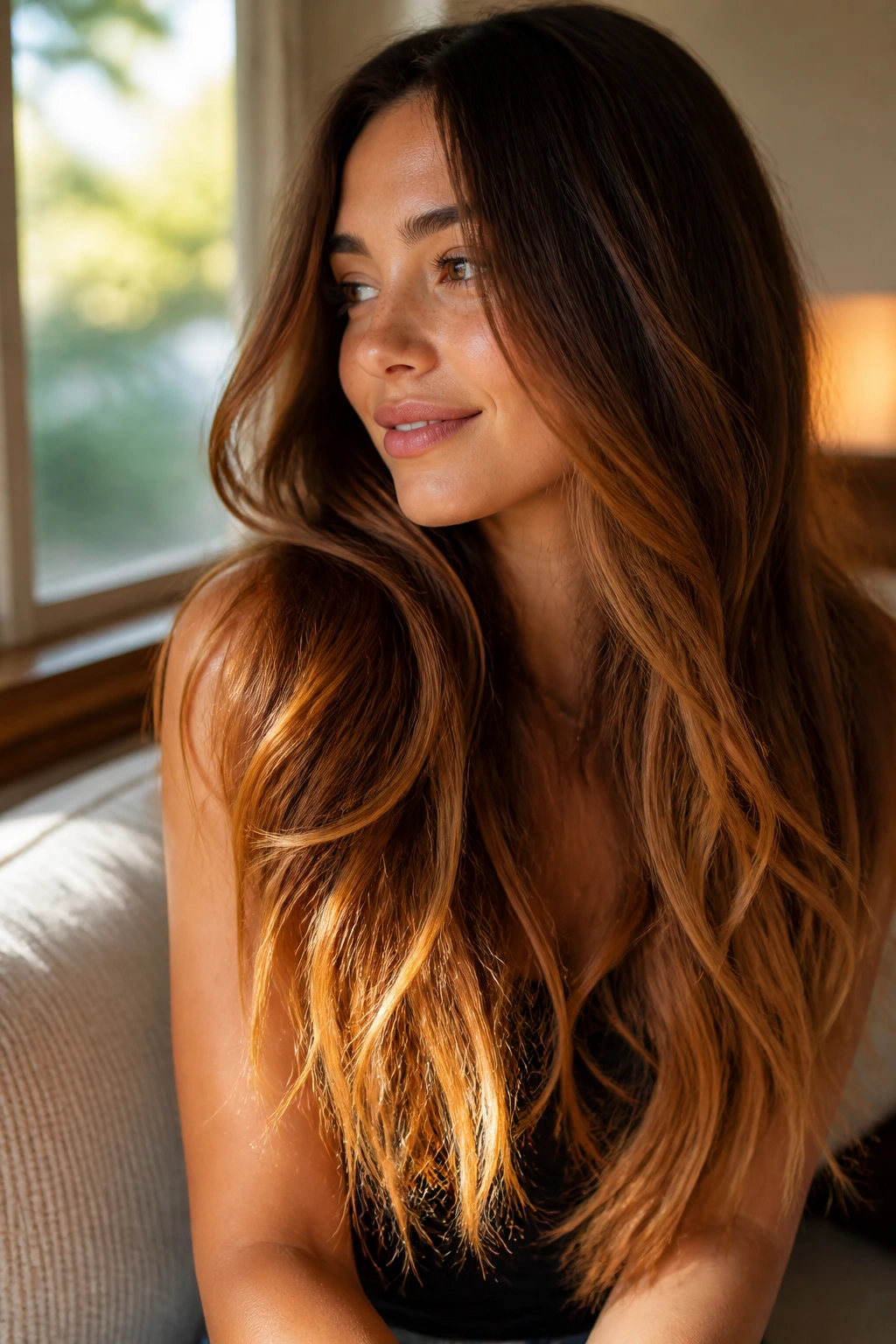Close-up of long hair with melted caramel amber ends on a real person