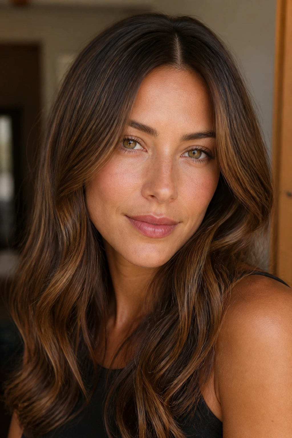 Close-up of brunette hair with subtle caramel babylights in natural light