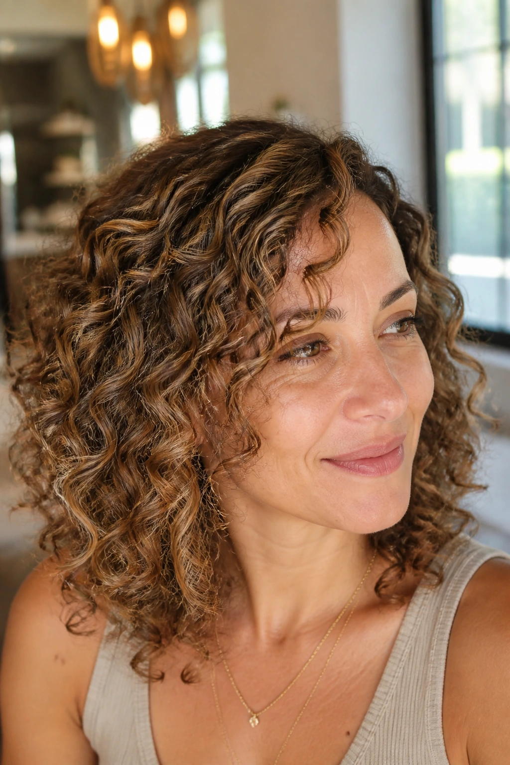 Fine curls with subtle caramel babylights for shimmer