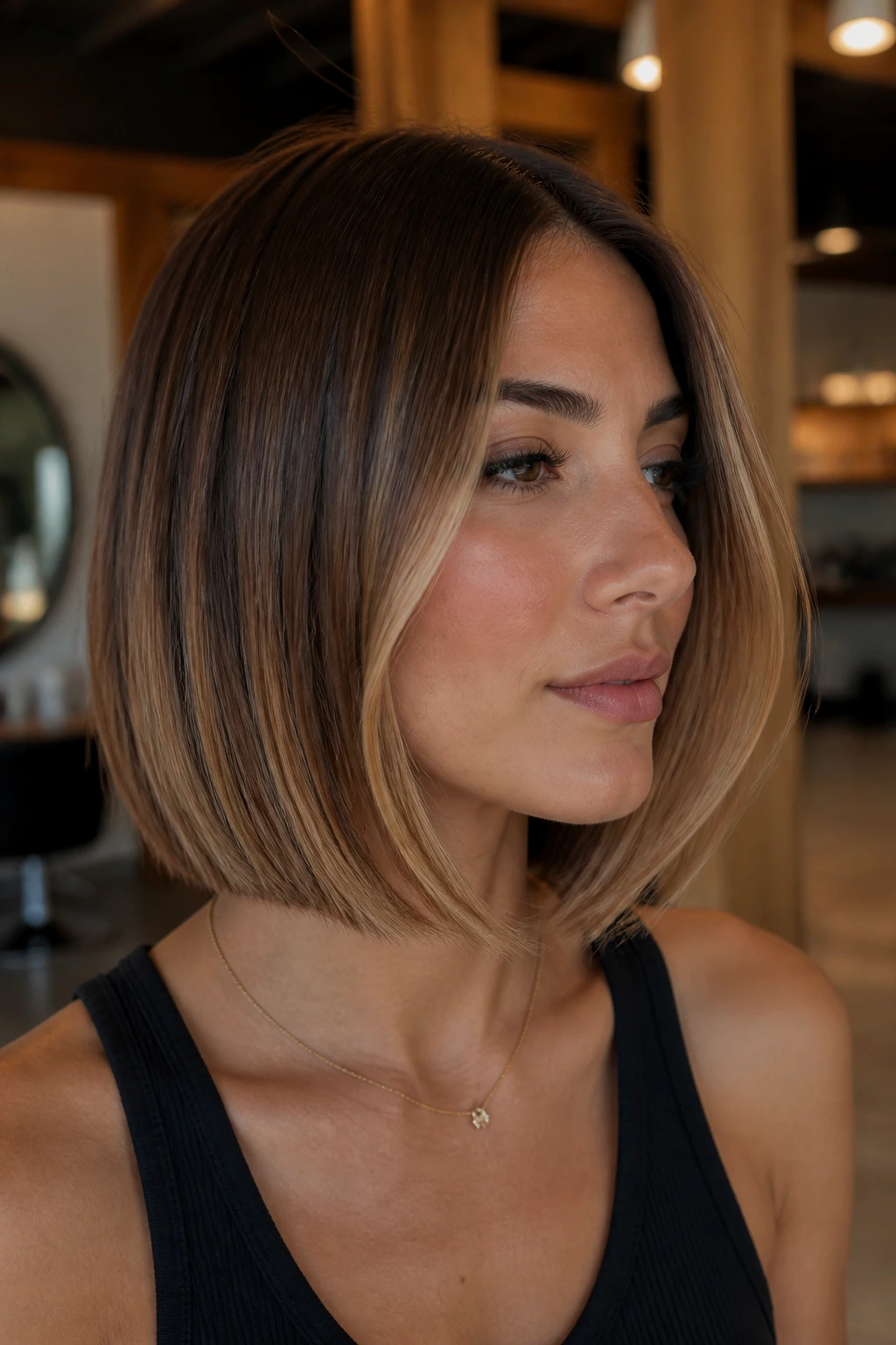 Blunt bob with caramel ribbon balayage highlighting near the cheekbone