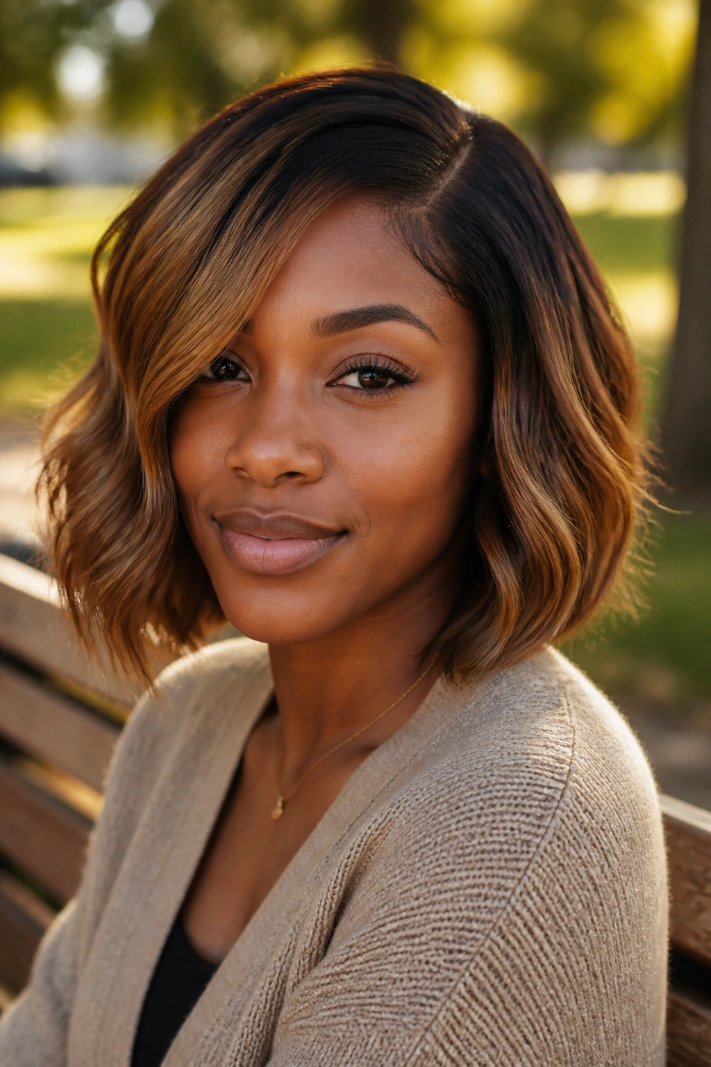 Close-up of a real person with caramel balayage on a bob catching warm light.