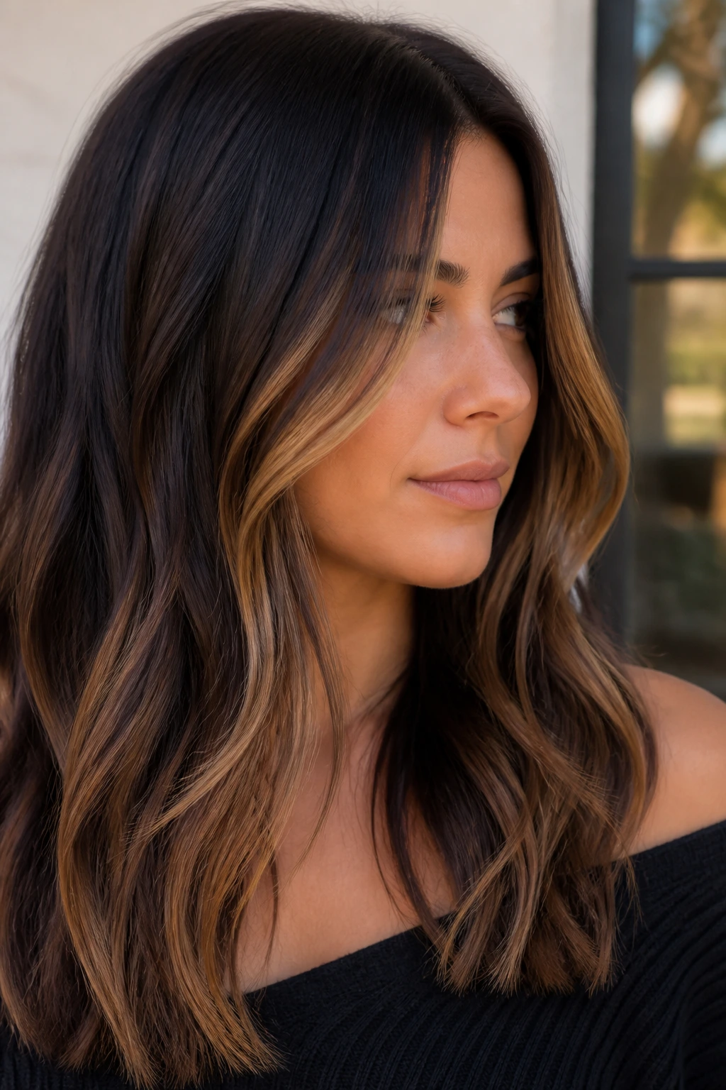 Close-up of brunette with caramel ribbon balayage for subtle movement.