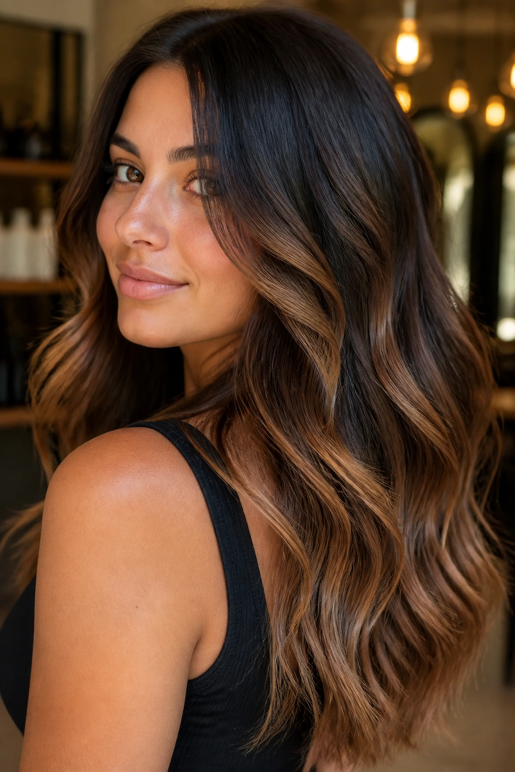 Close-up of a real woman with caramel balayage on brunette hair