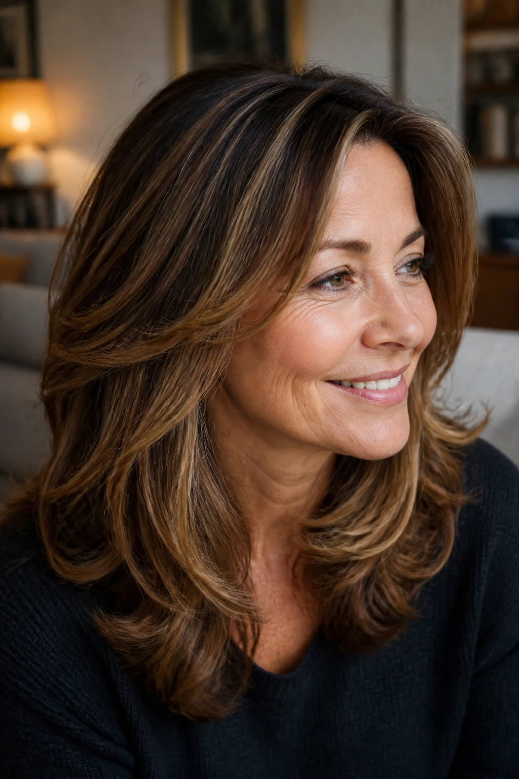 Close-up of brunette woman with soft caramel balayage on mid-lengths to ends