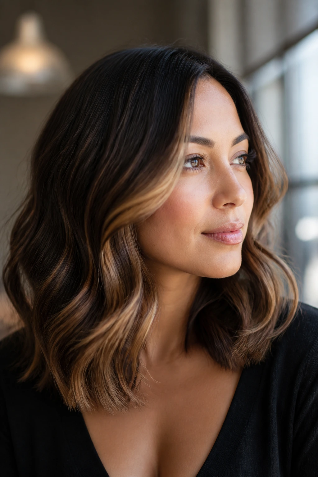 Close-up of a brunette with caramel balayage for a sun-kissed look