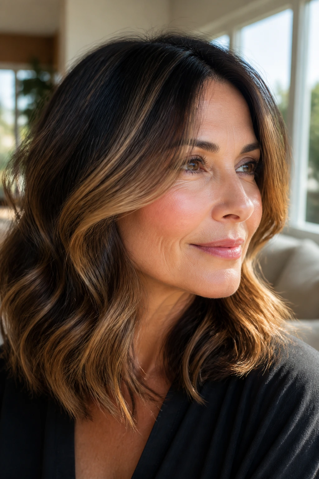 Portrait of a woman with brunette base and caramel balayage highlighting around the cheeks