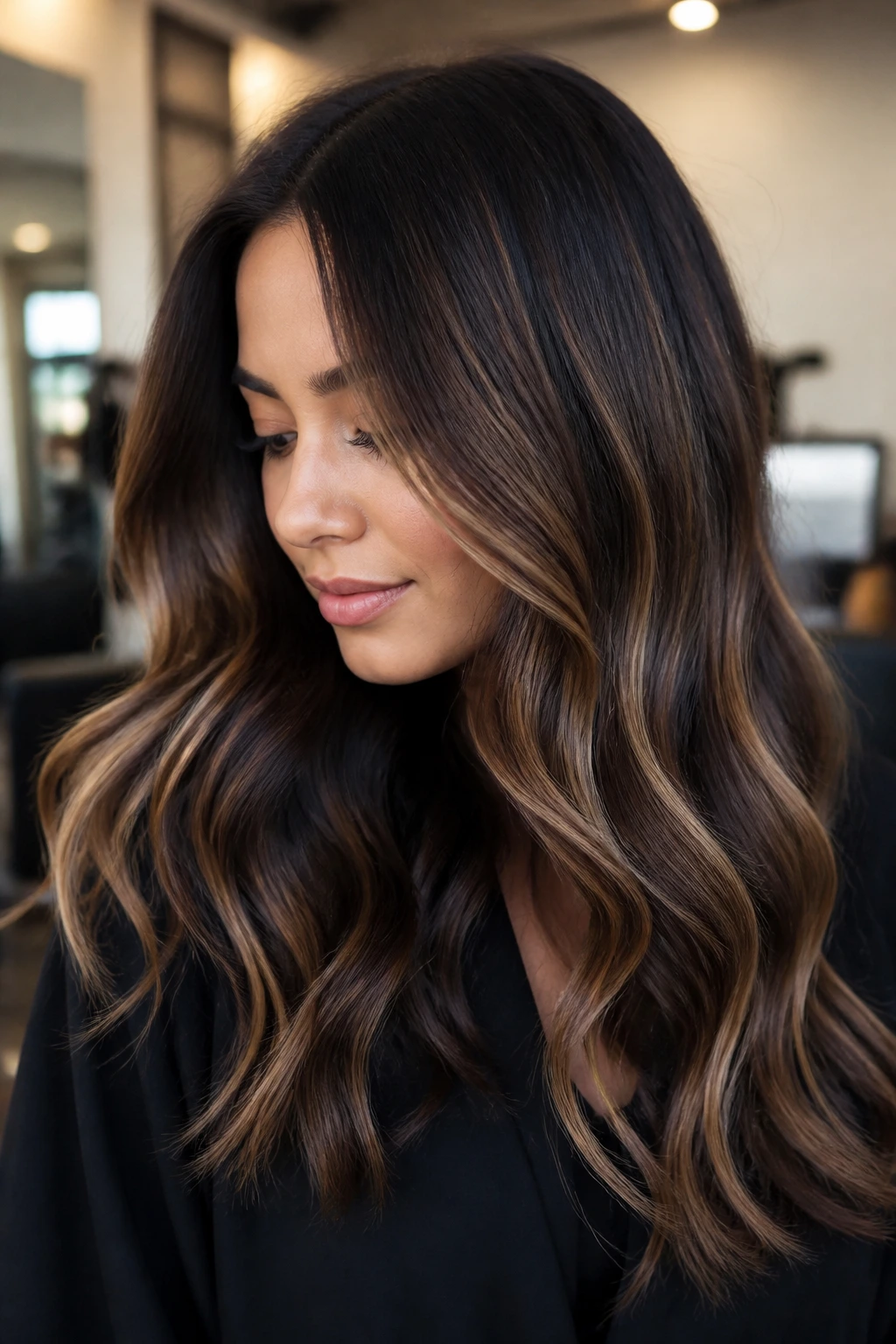 Close-up of a brunette with caramel ribbons throughout mid-lengths and ends in a salon setting
