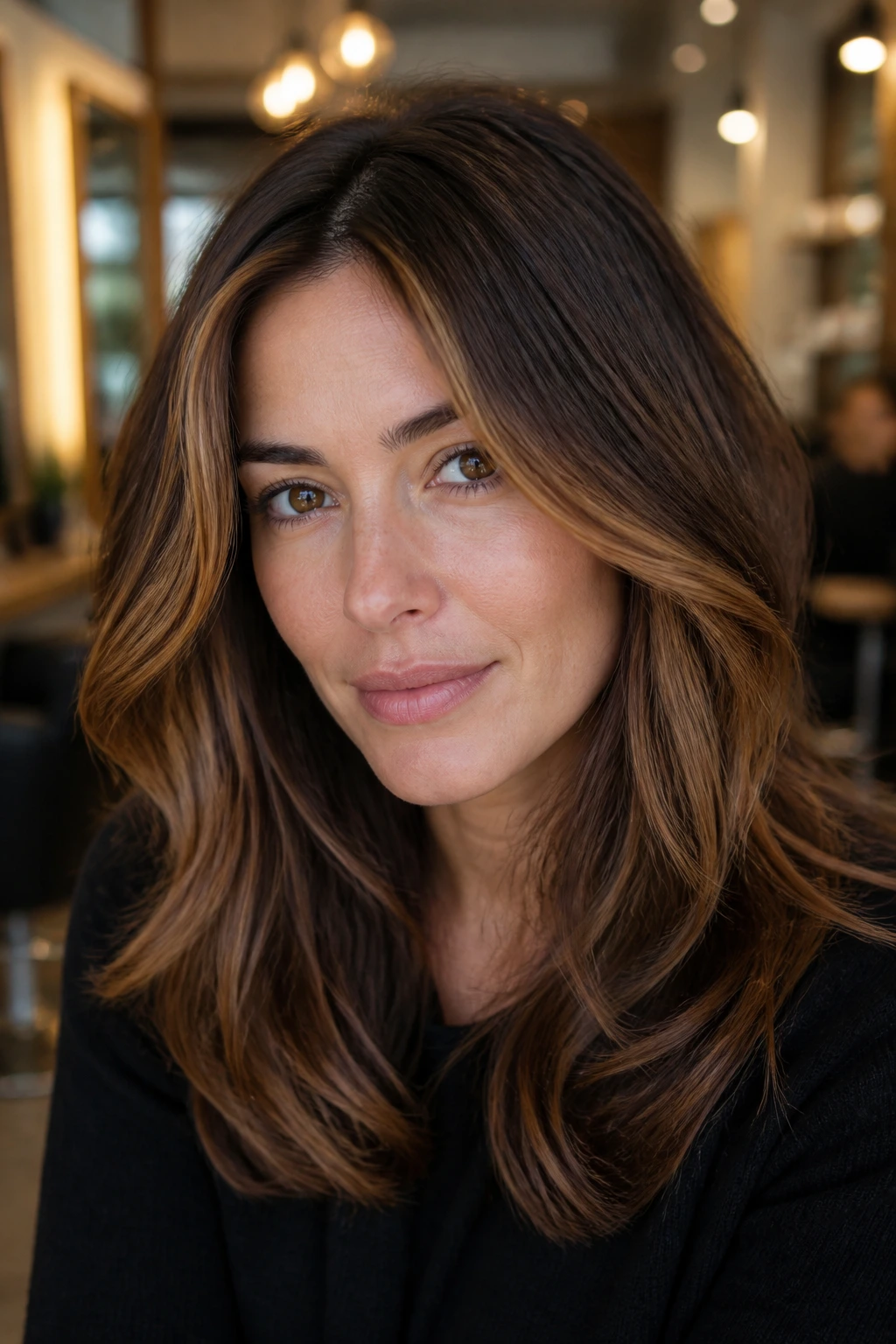 Close-up of chocolate brown hair with caramel veil balayage framing the face.