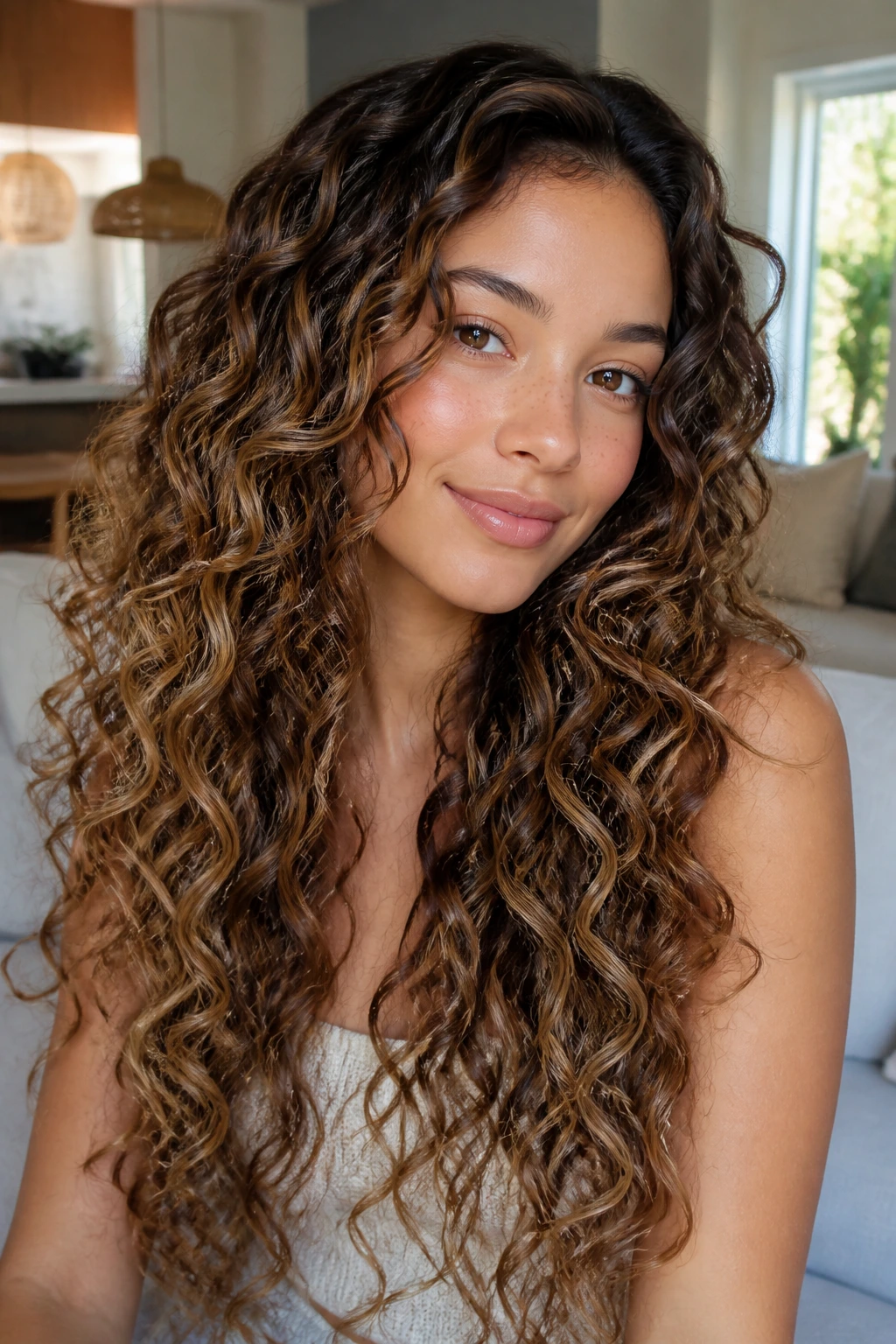 Close-up portrait of a real woman with curly long hair showing caramel swirl balayage along curl clumps