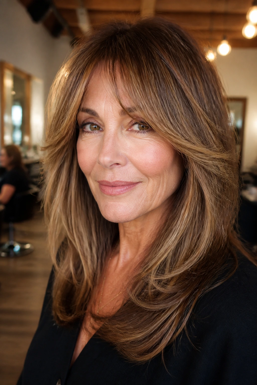 Close-up of a woman with caramel balayaged layers and curtain fringe.