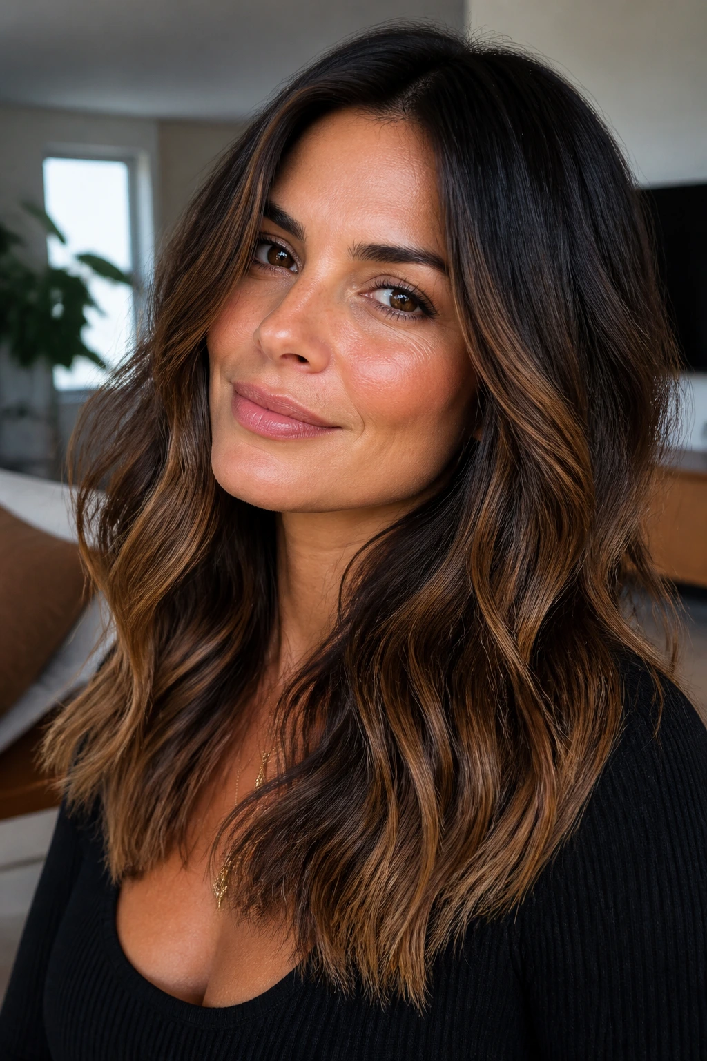 Close-up portrait of a woman with caramel balayage on deep brunette base.