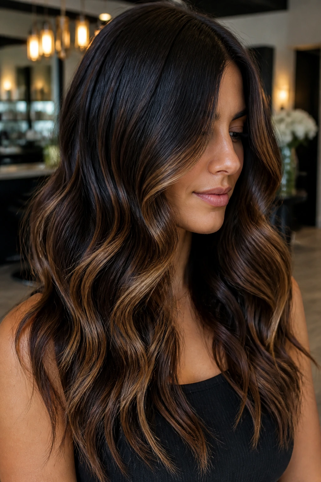 Espresso brown hair with caramel ribbons in balayage.