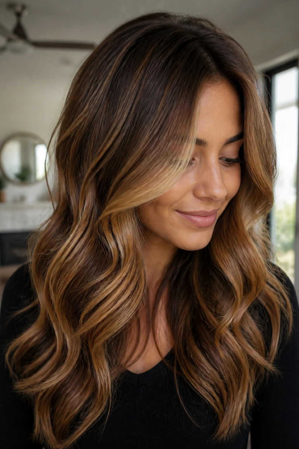 Close-up of a real woman with caramel balayage ribbons around the face