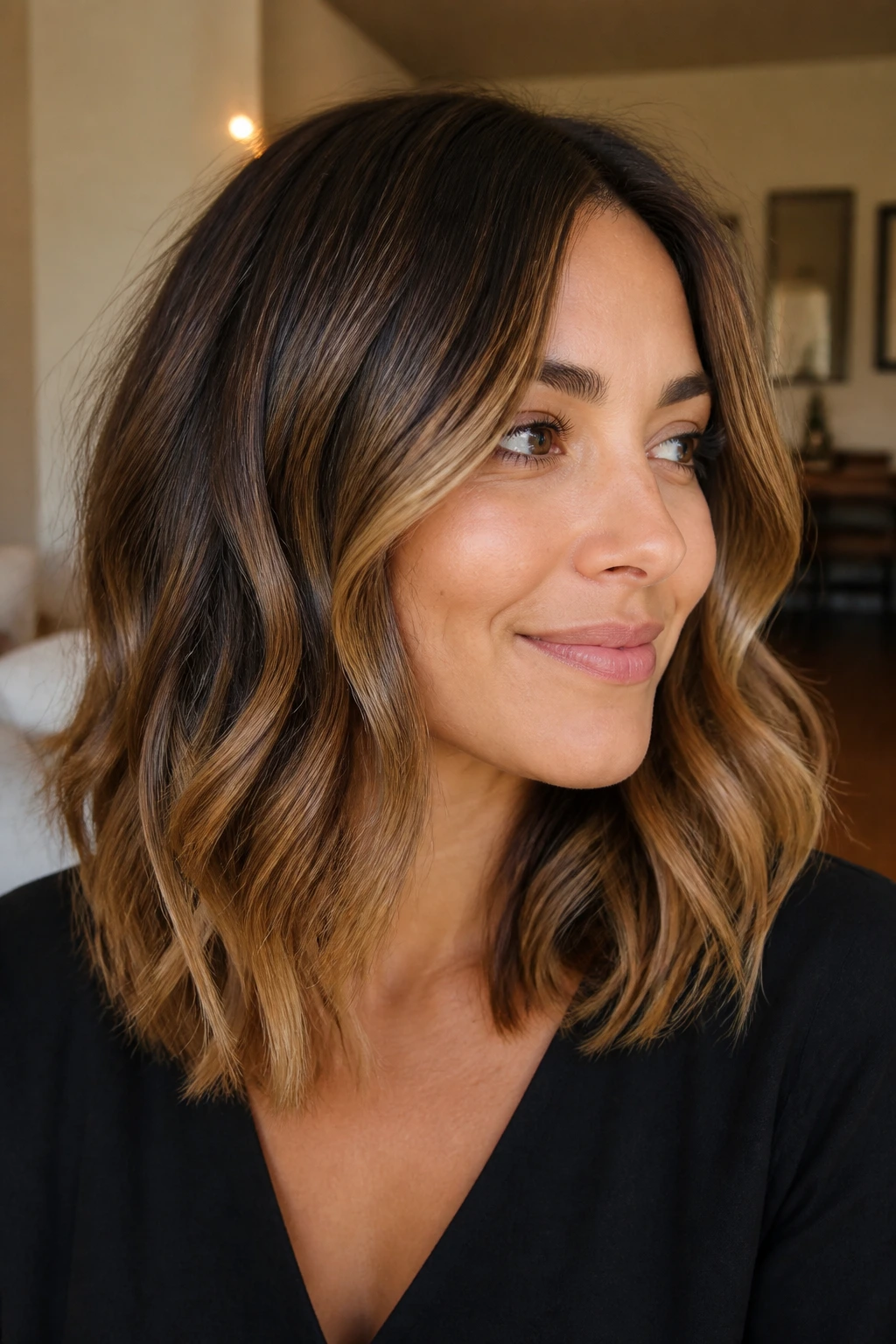 Real woman with caramel ribbon balayage on a layered lob under soft lighting