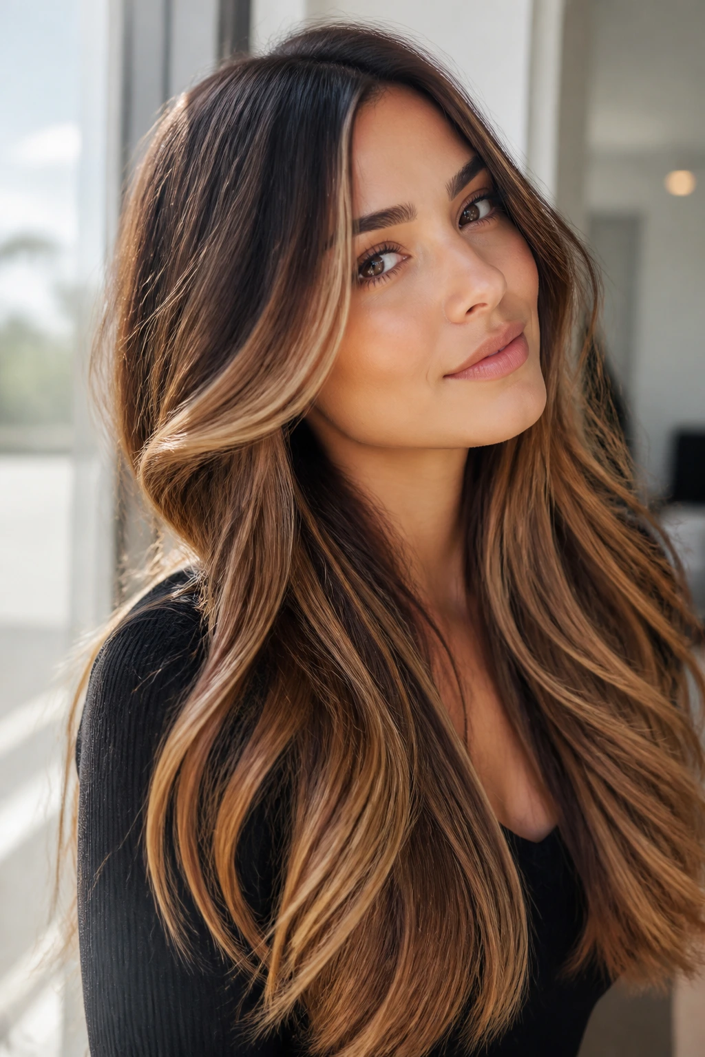 Long layered hair with caramel ribbons balayage close-up on a real person
