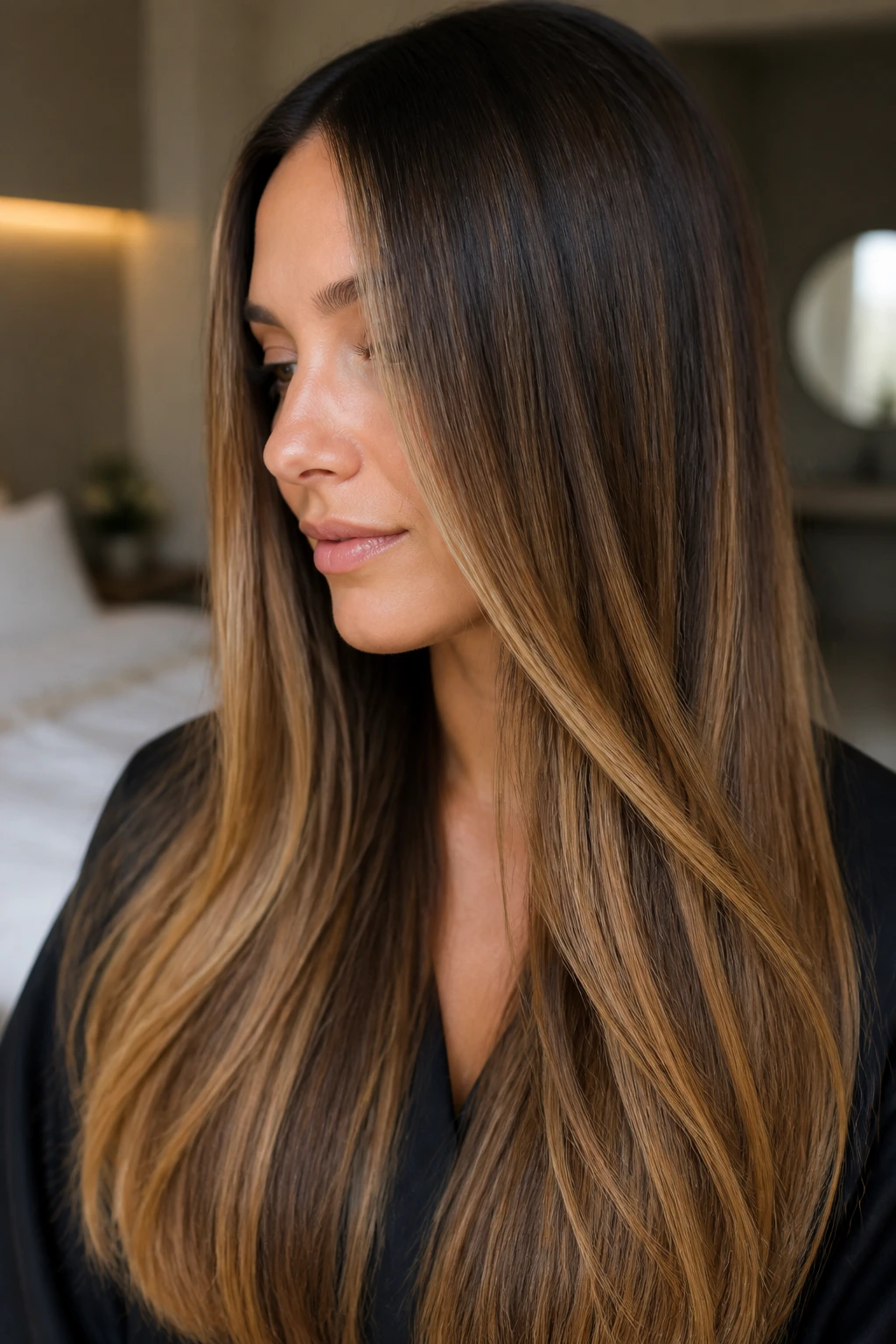 Long straight hair with narrow caramel ribbons balayaged