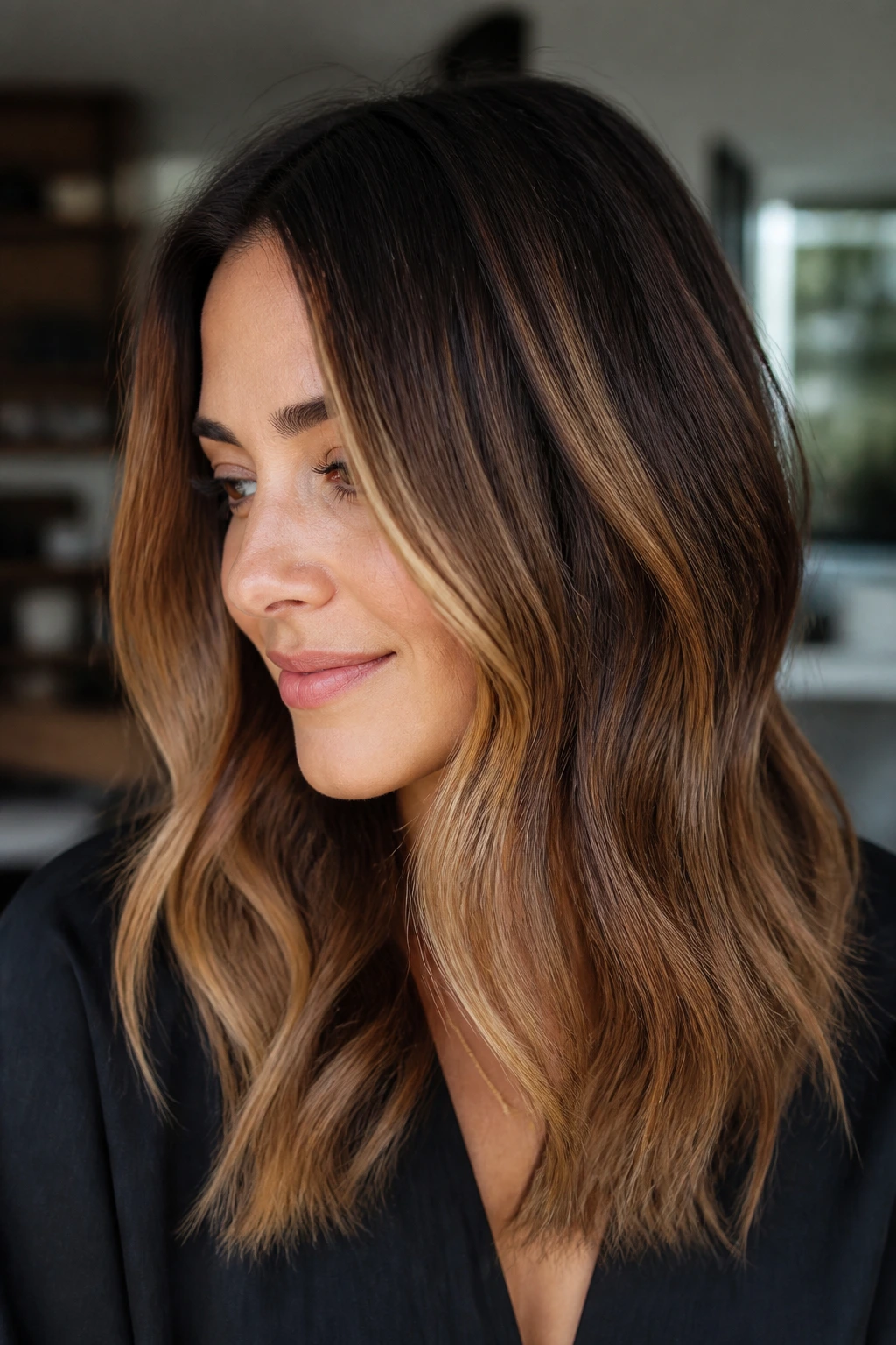 Close-up of medium brown base hair with caramel balayage ribbons near the cheekbone.