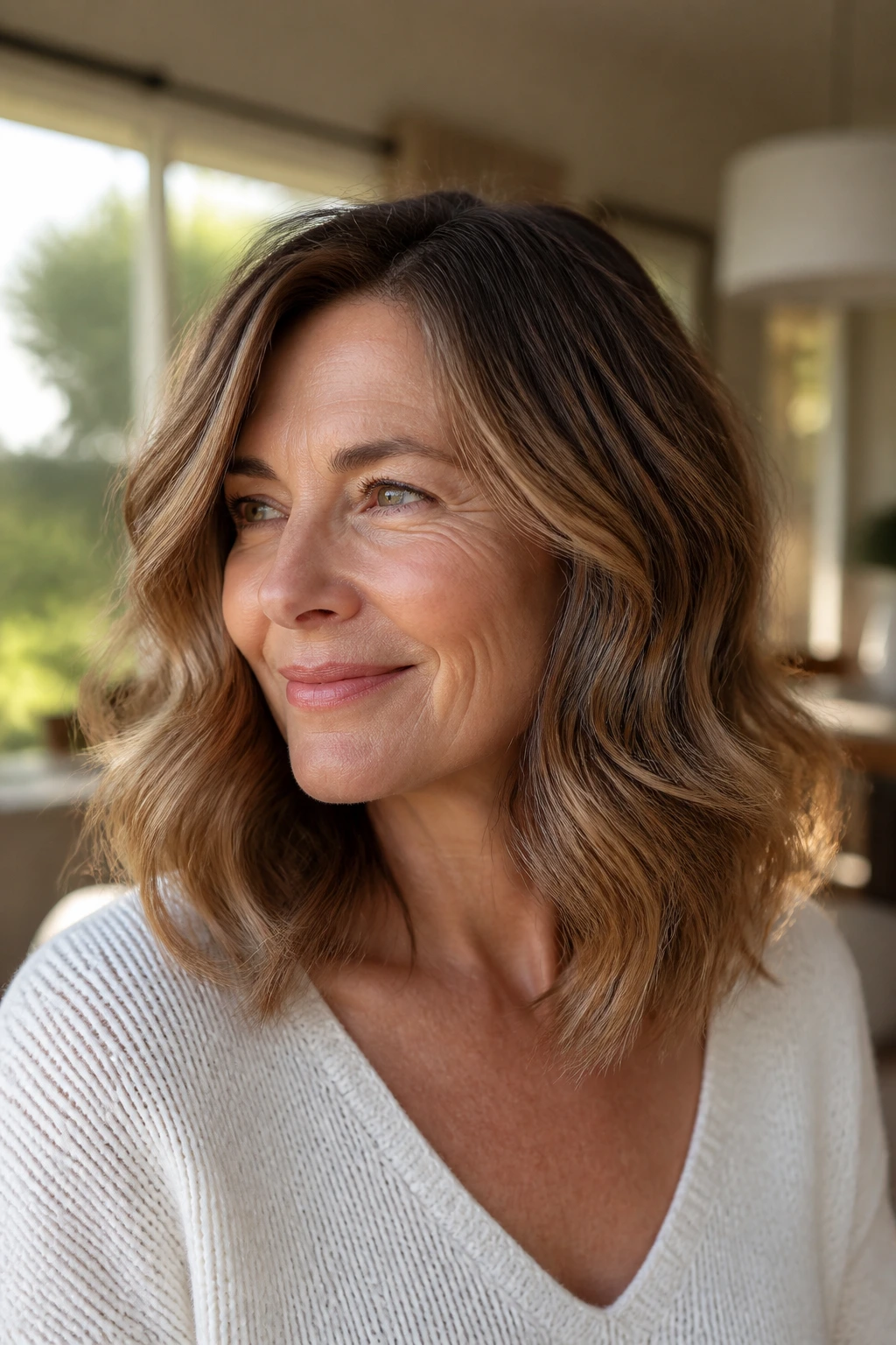 Mid-length waves with caramel veil balayage on a real person
