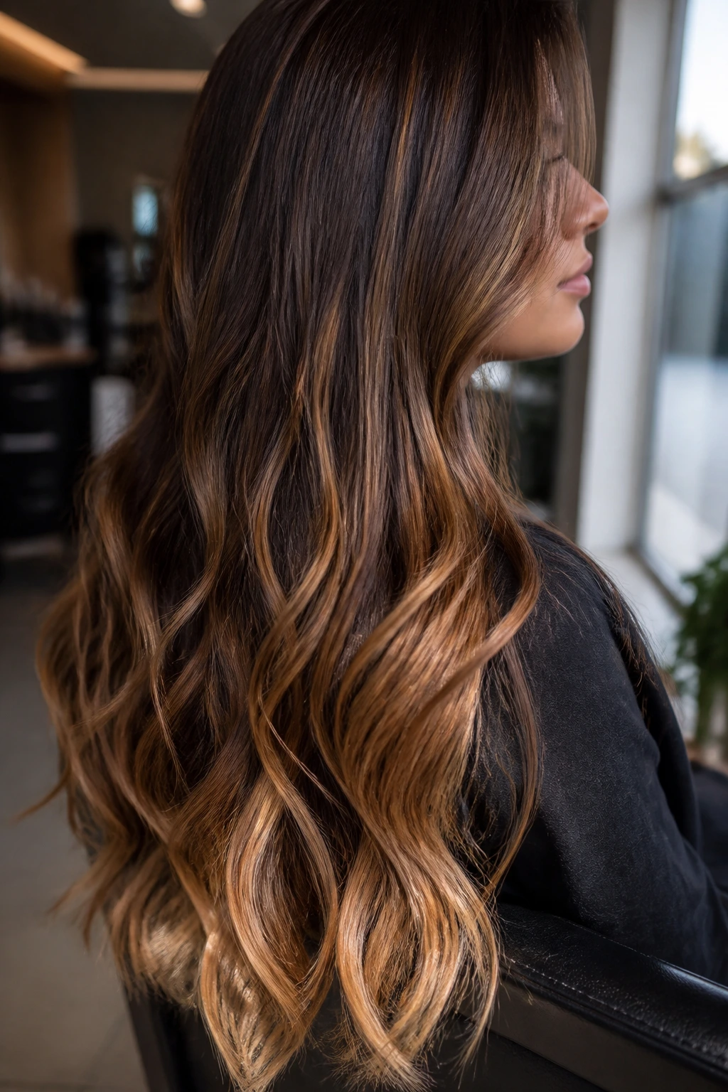 Waist-length hair with soft caramel balayage in mid-lengths and ends in warm light