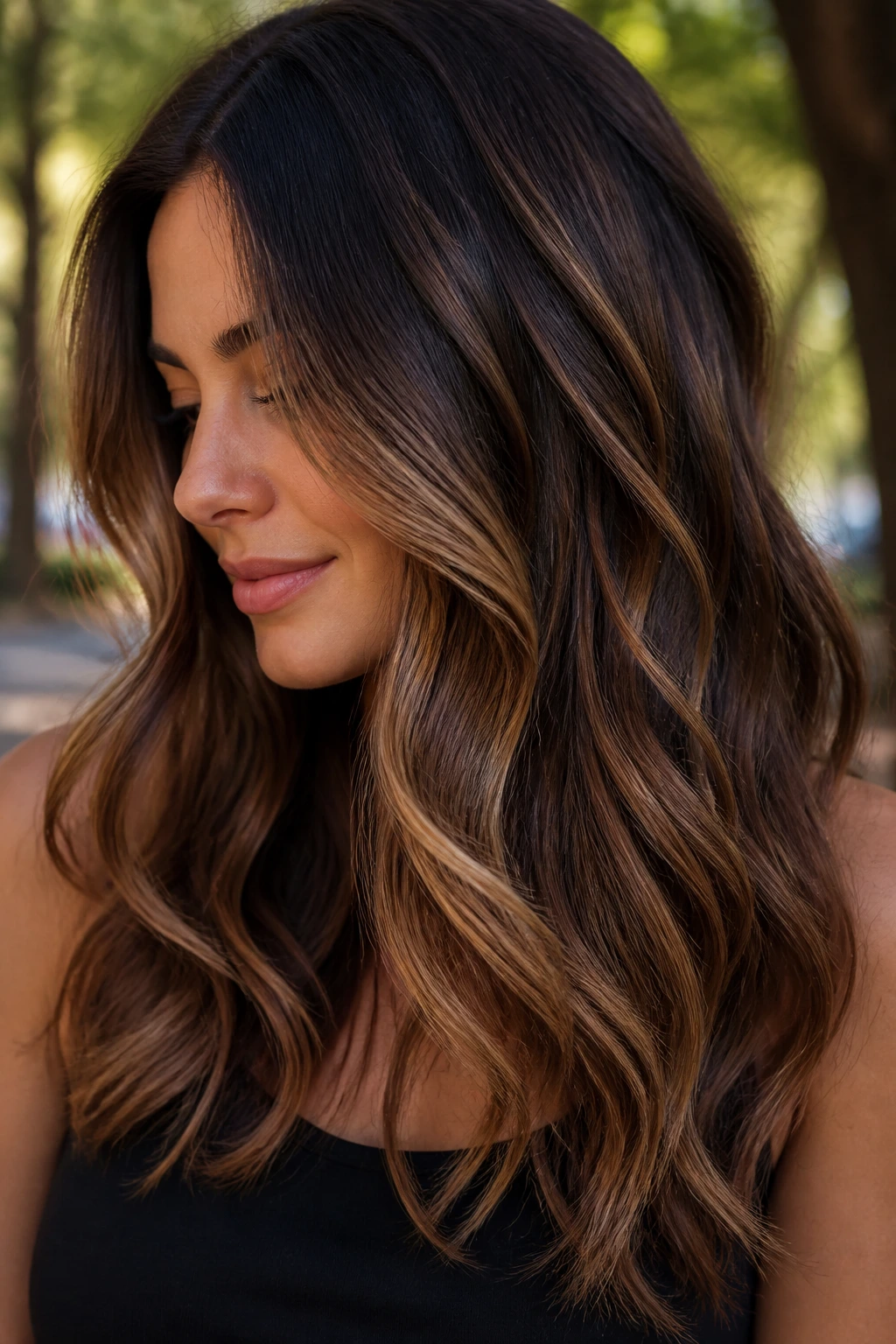 Brunette with caramel ribbon balayage and soft waves in natural light