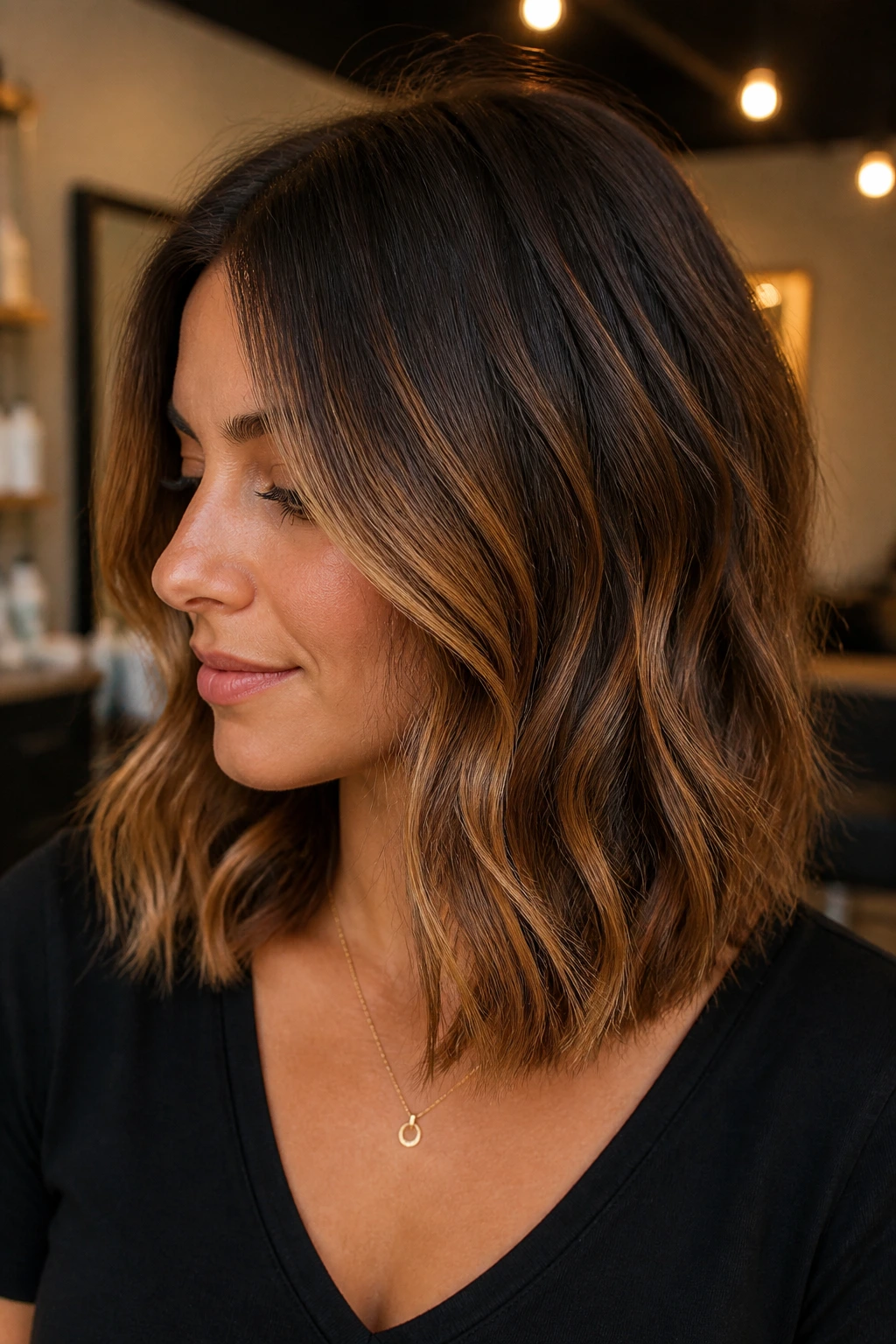Close-up of a real woman's lob featuring caramel ribbon balayage with soft front piece.