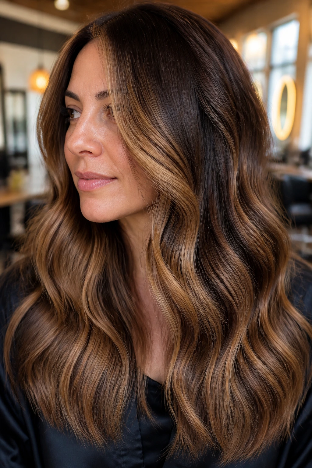 Close-up of brunette hair with caramel ribbons balayaged on a real person