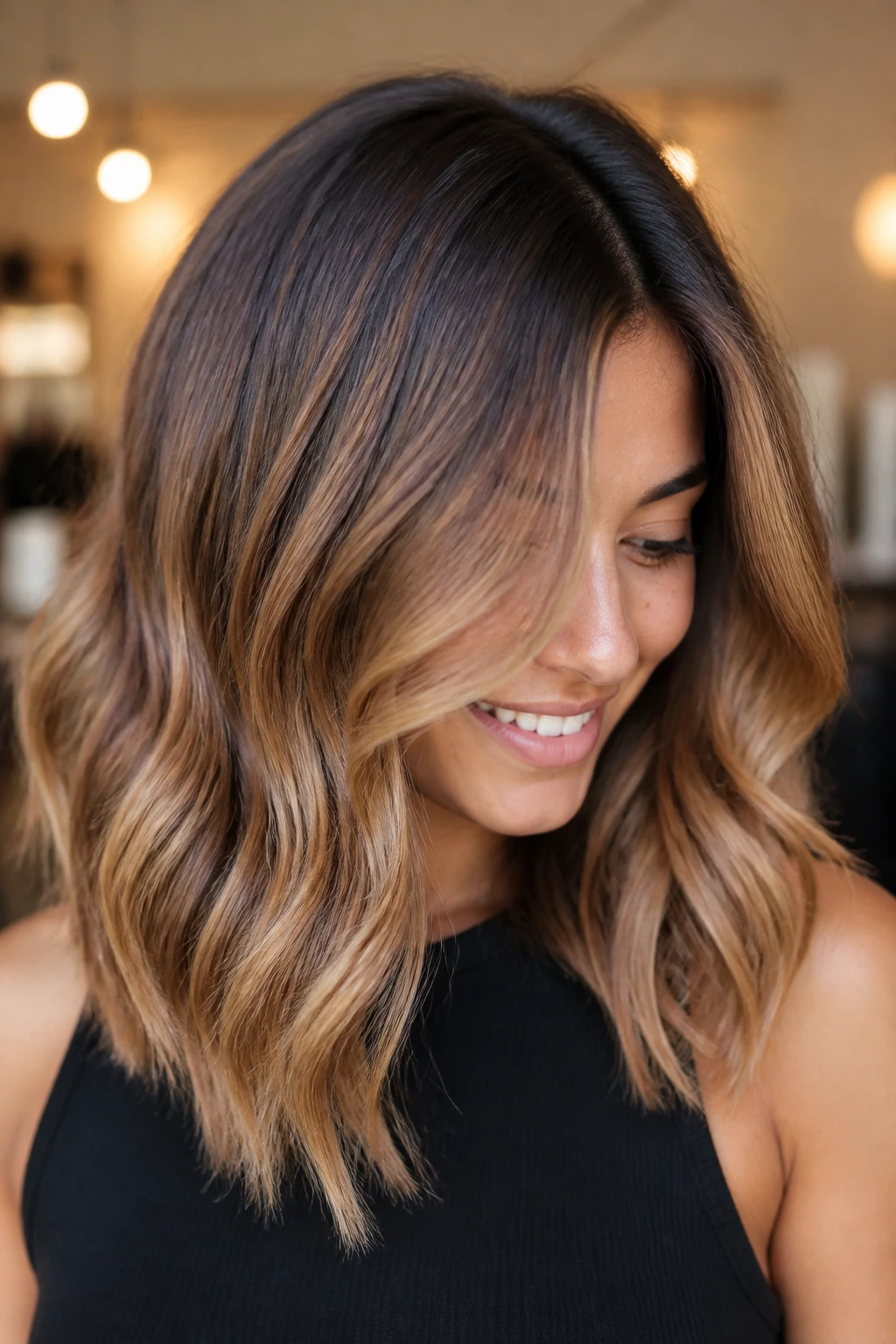 Close-up of caramel balayage with shadow root on medium-length hair.