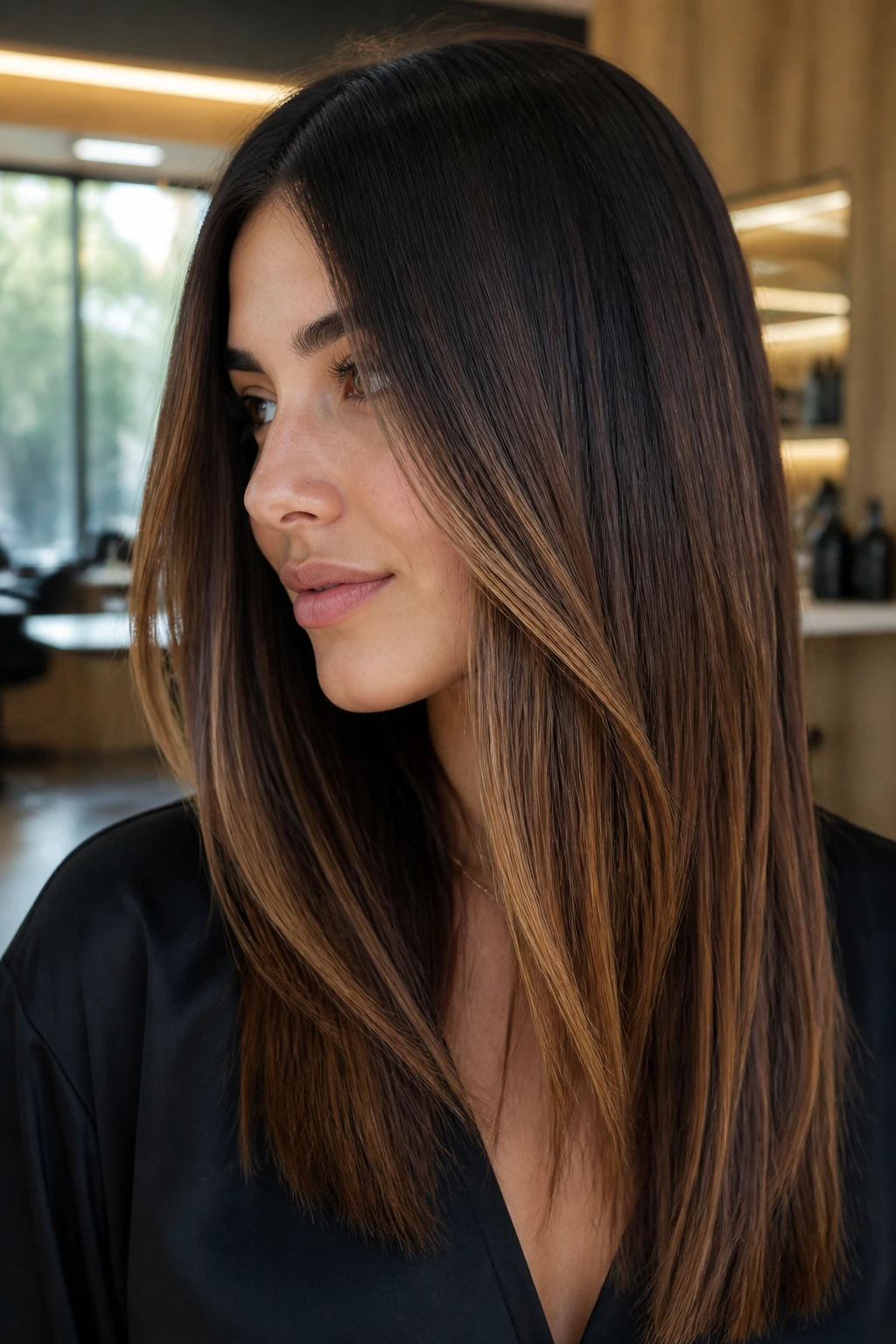 Close-up portrait of a real person with caramel ribbons in straight dark brown hair