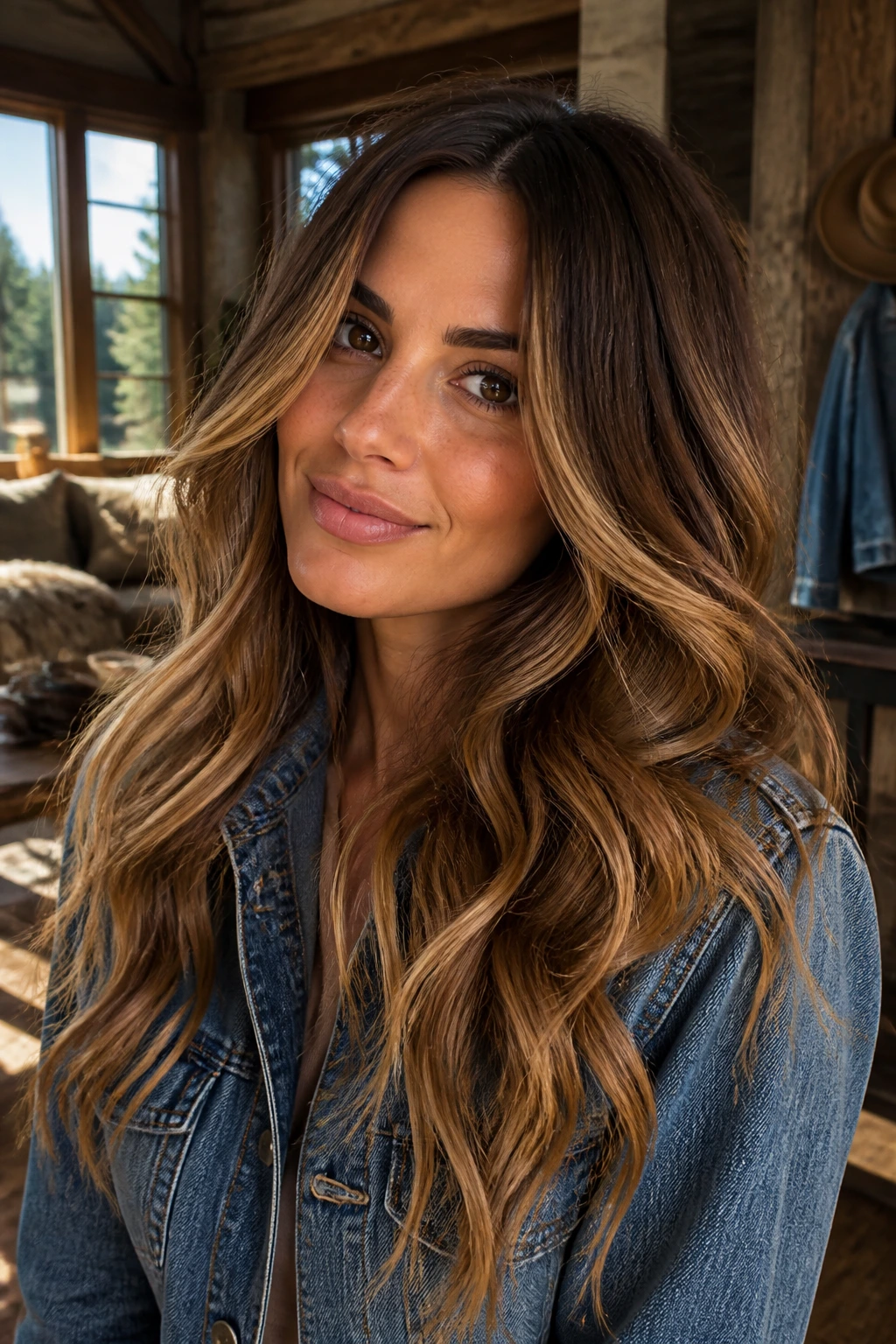 Close-up portrait of a real woman with Caramel Cowgirl Balayage showing warm caramel ribbons in thick hair.
