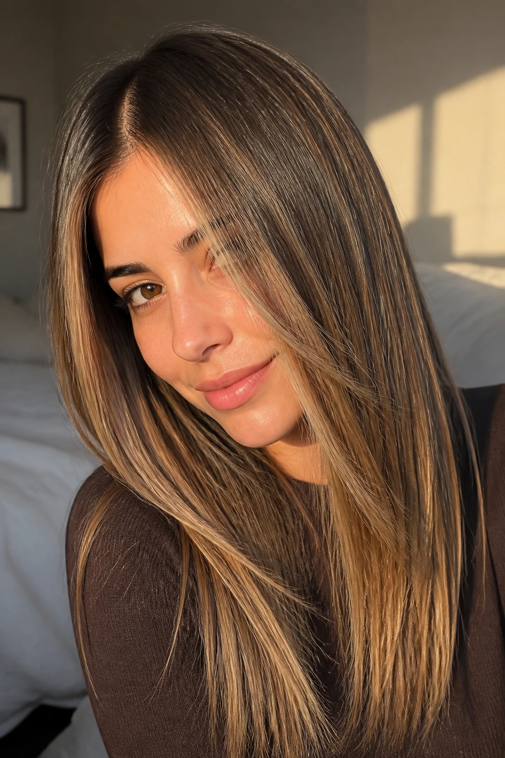 Close-up of straight hair with caramel veil balayage and feathered edges