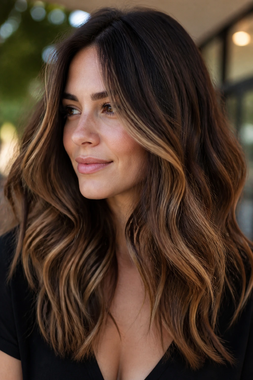 Medium-close portrait of a real woman with caramel balayage waves on brunette hair