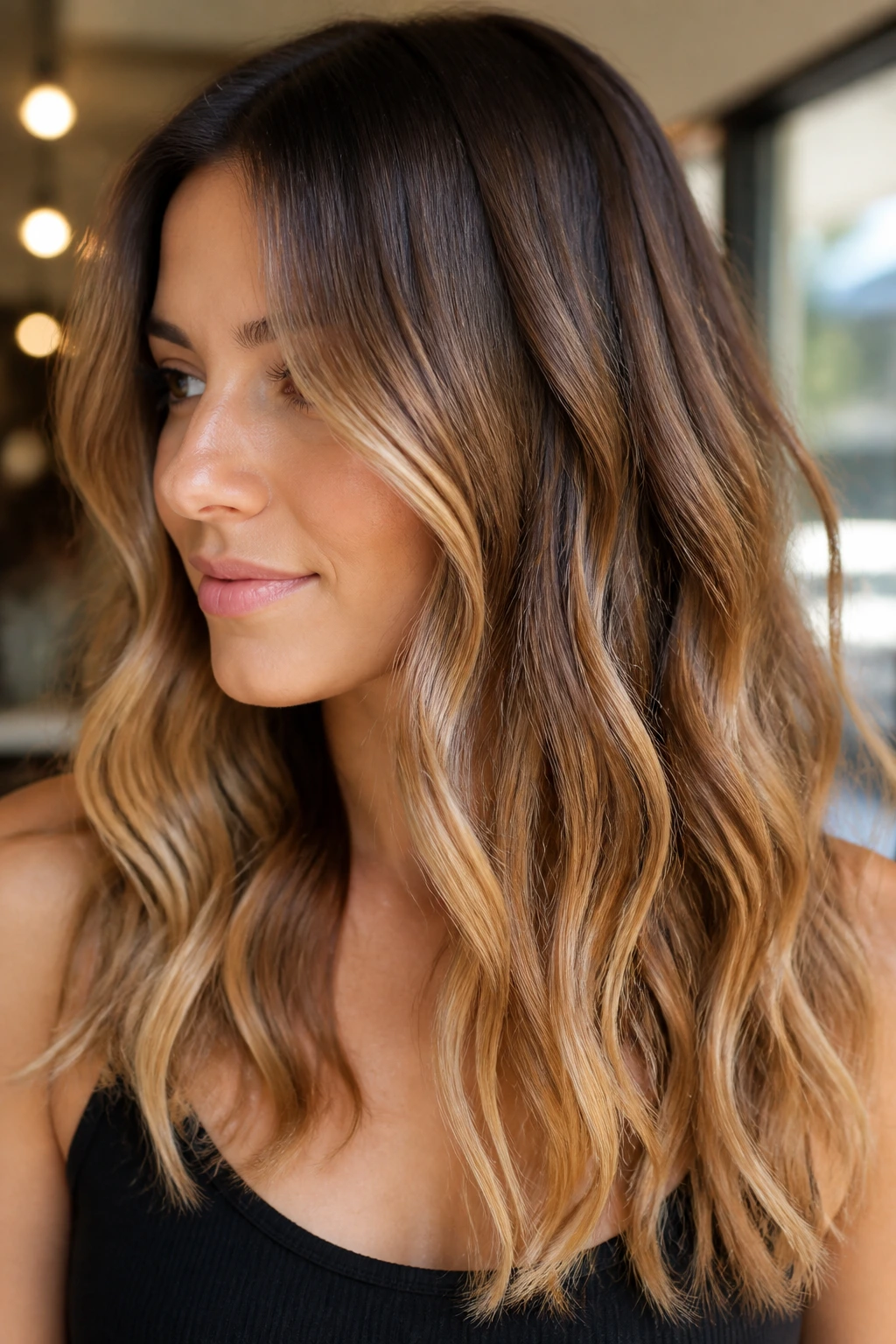 Close-up of a real person with wavy hair featuring caramel ribbon balayage.