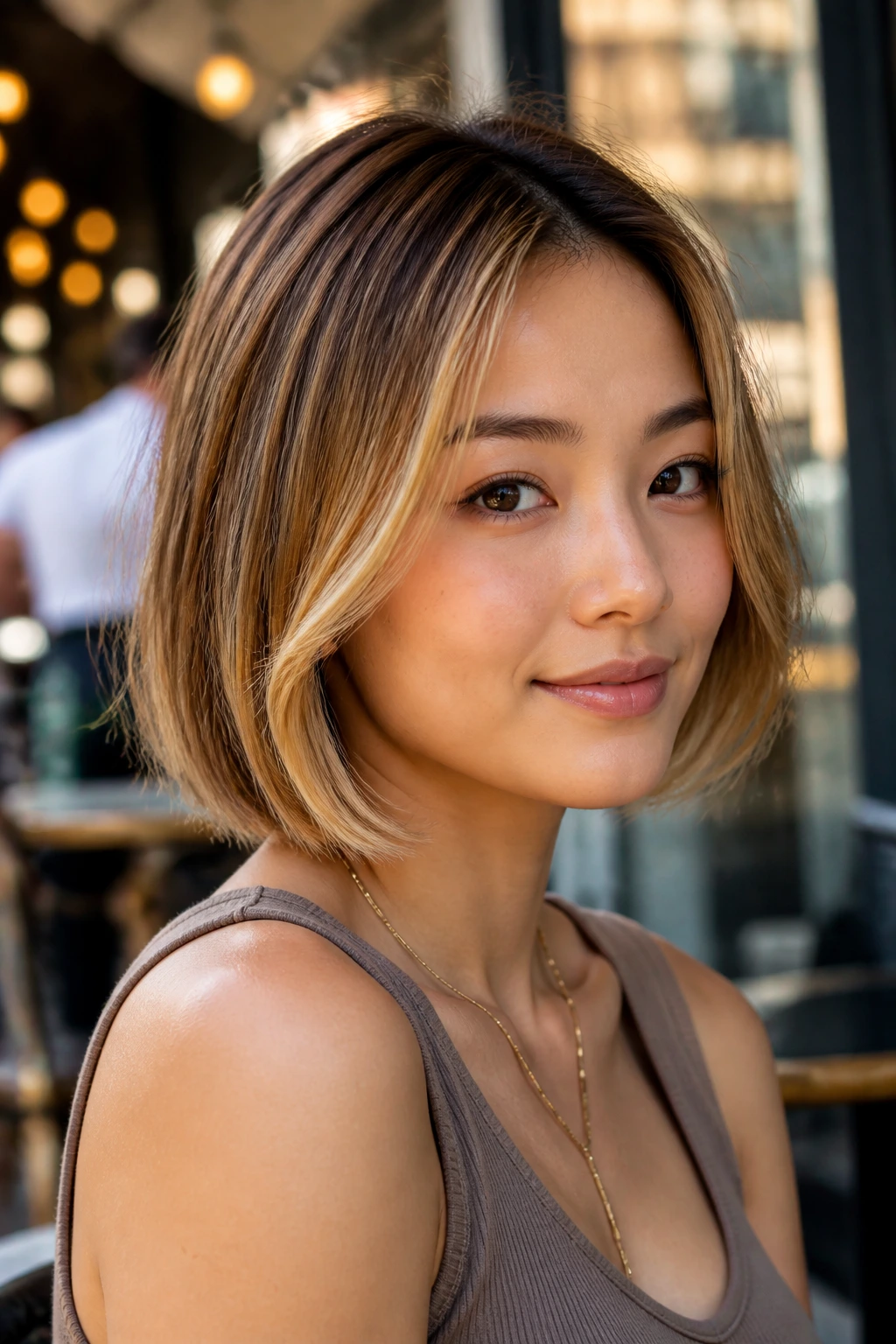 Portrait of Asian woman with caramel blonde bob and face-framing pieces in outdoor cafe setting