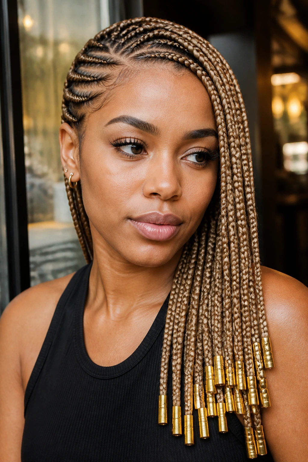 Close-up of a real woman with caramel-blonde lemonade braids and gold tubes