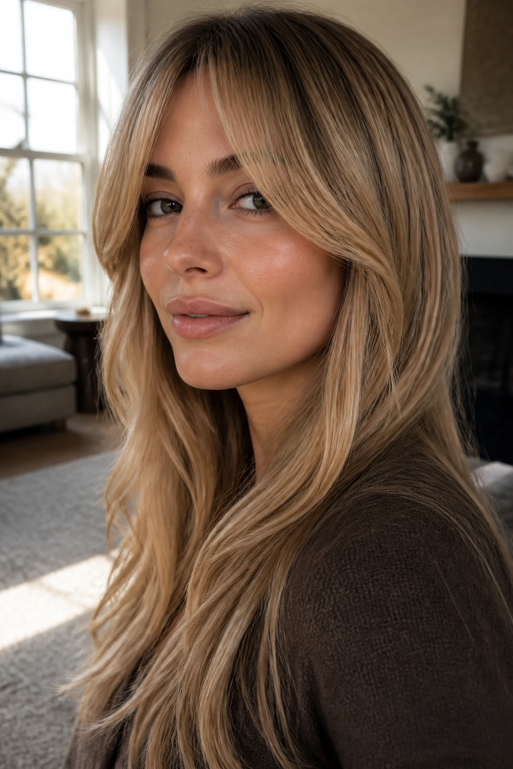 Close-up of woman with caramel blonde curtain bangs in warm light