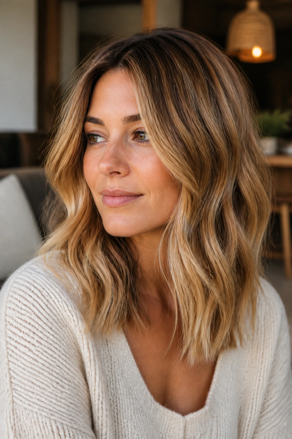 Portrait showing caramel-to-blonde dimension on medium waves