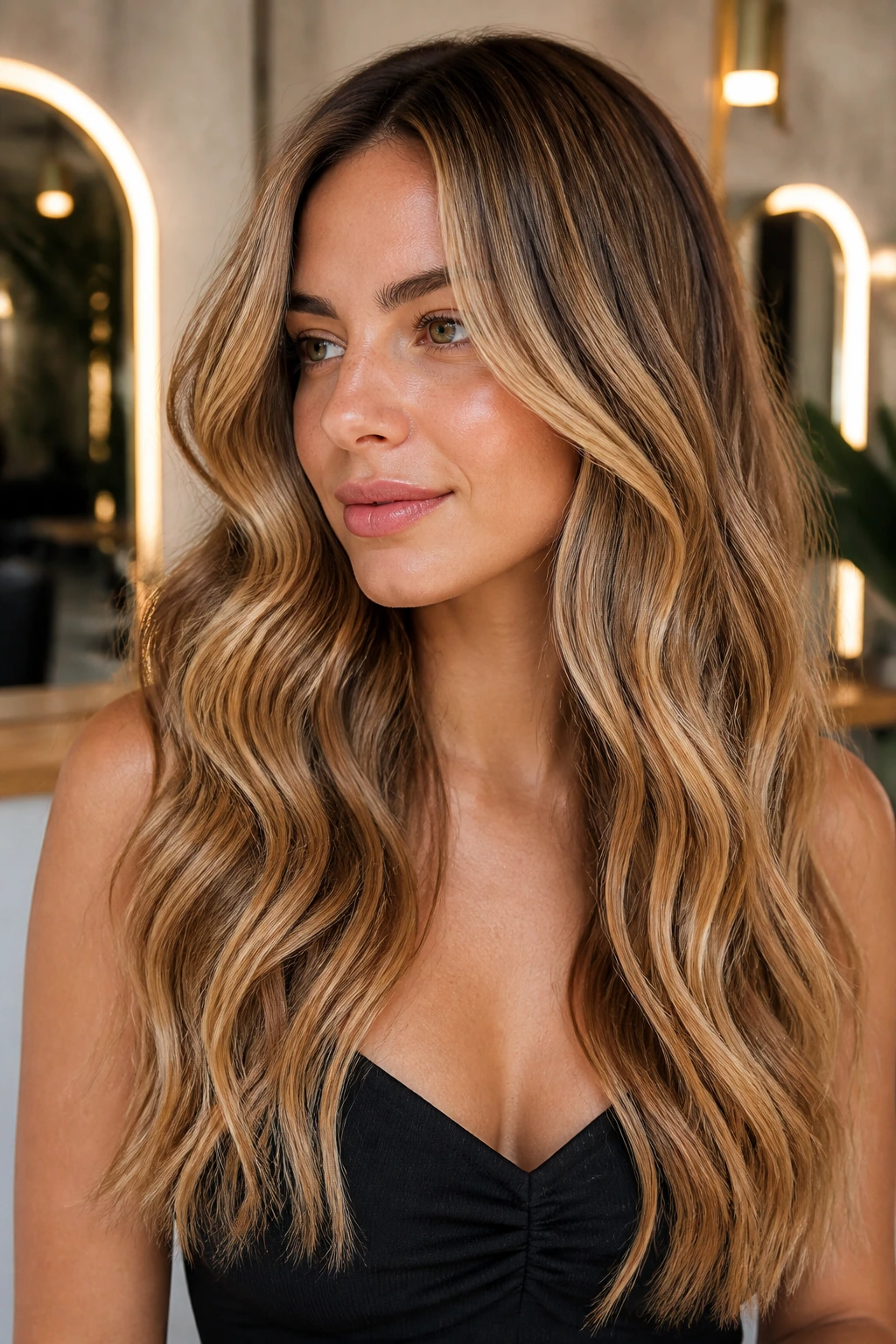 Close-up of long waves with caramel highlights on a real woman