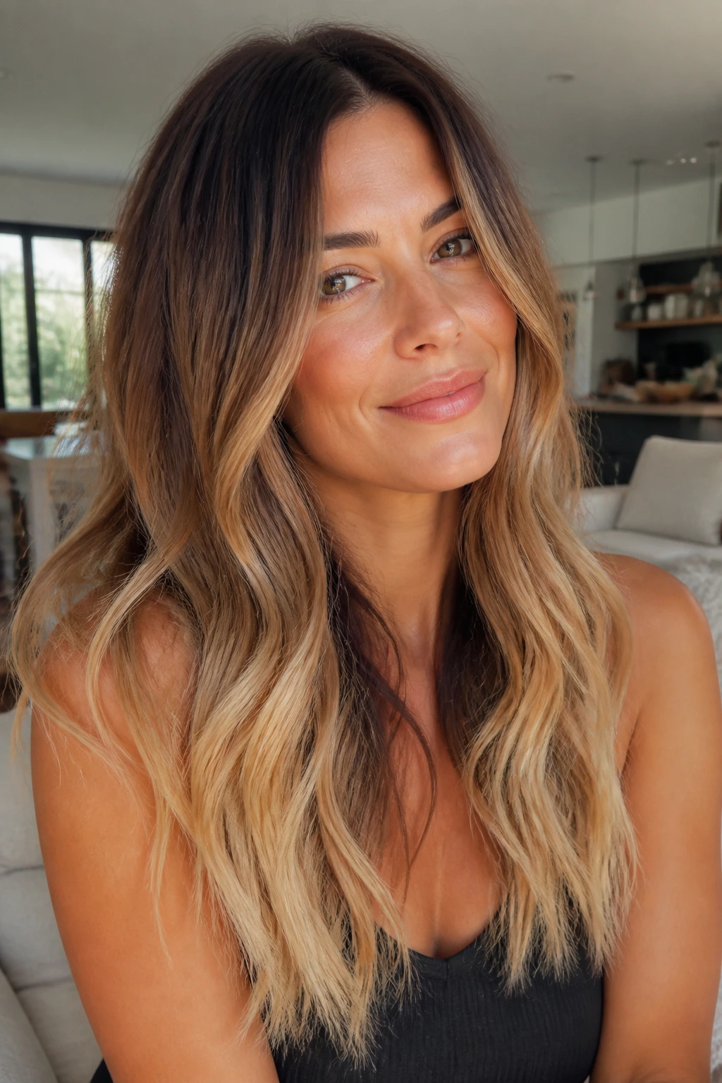 Real woman showing caramel-to-blonde ombré with dark roots and caramel mid-lengths to blonde ends.