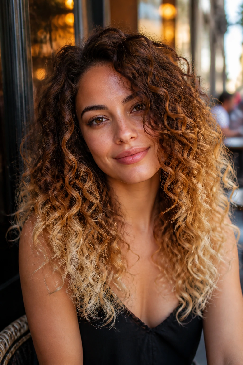 Real woman with caramel-to-blonde ombré curls in golden-hour cafe setting