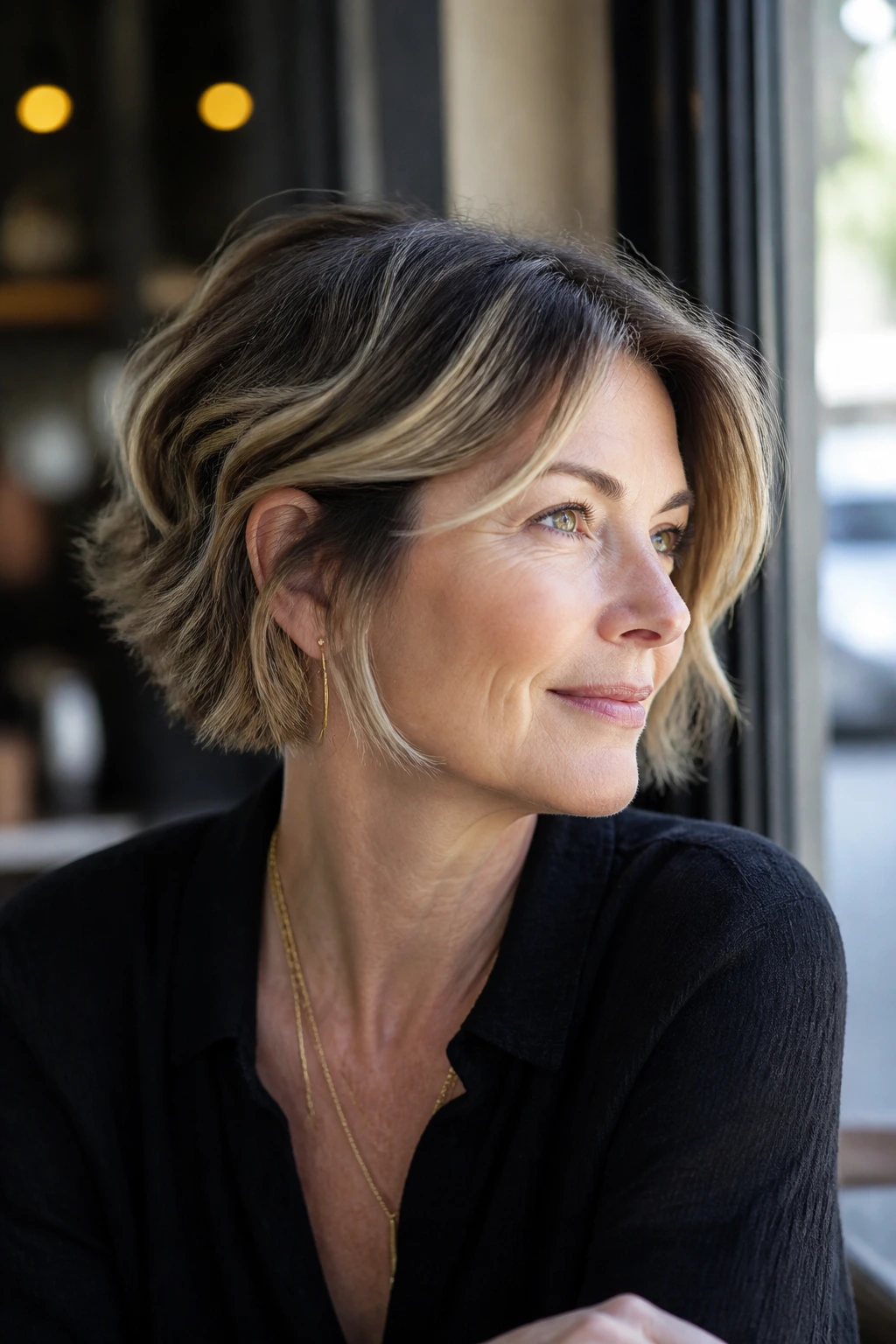 Portrait of a real person with caramel blonde peekaboo panels in a textured bob.